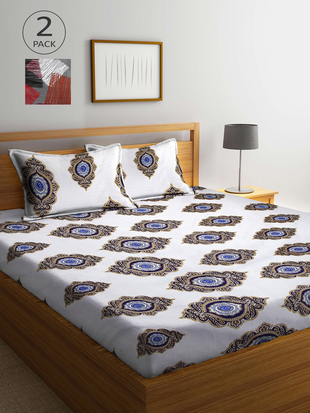 

Arrabi Pack Of 2 White & Grey Ethnic Motifs 300 TC 2 King Bedsheet with 4 Pillow Covers