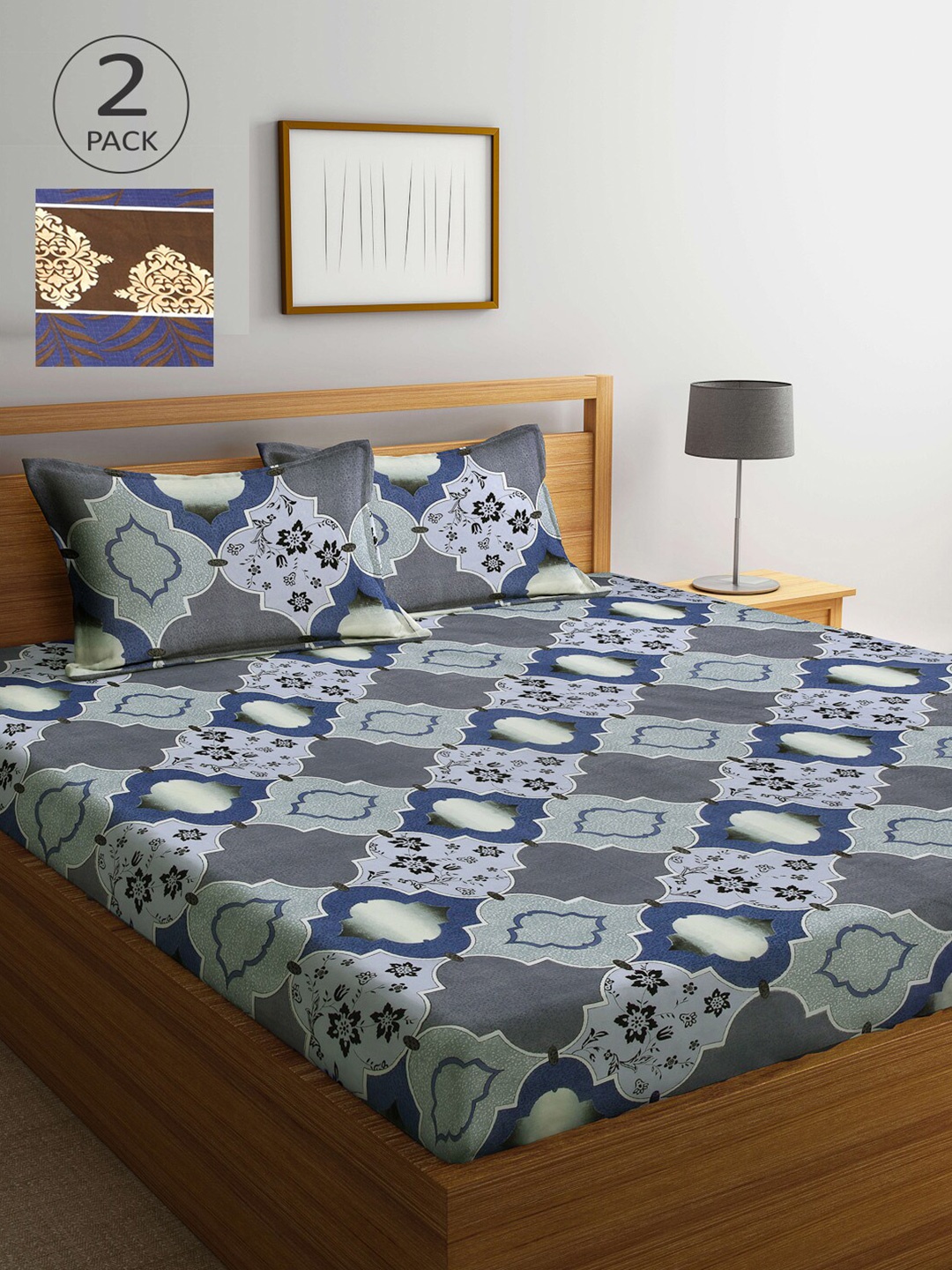 

Arrabi Grey & Brown Pack of 2 Ethnic Motifs 300 TC King Bedsheet with 4 Pillow Covers