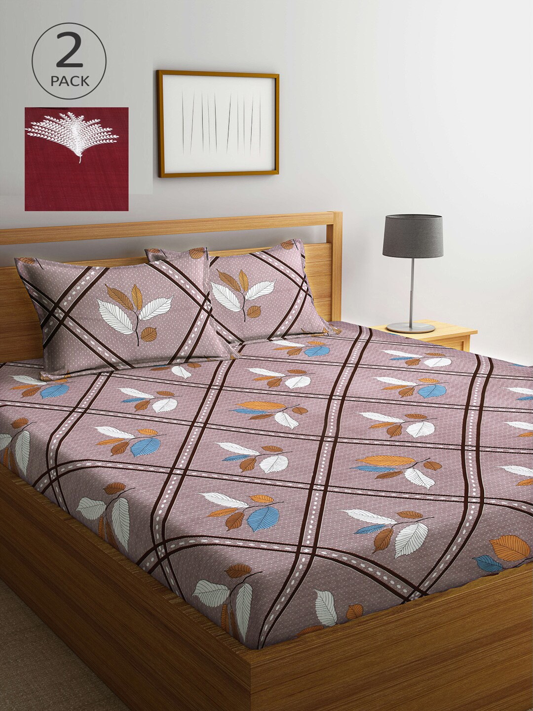 

Arrabi Set Of 2 Maroon & Nude Floral 300 TC King Bedsheets With 4 Pillow Covers