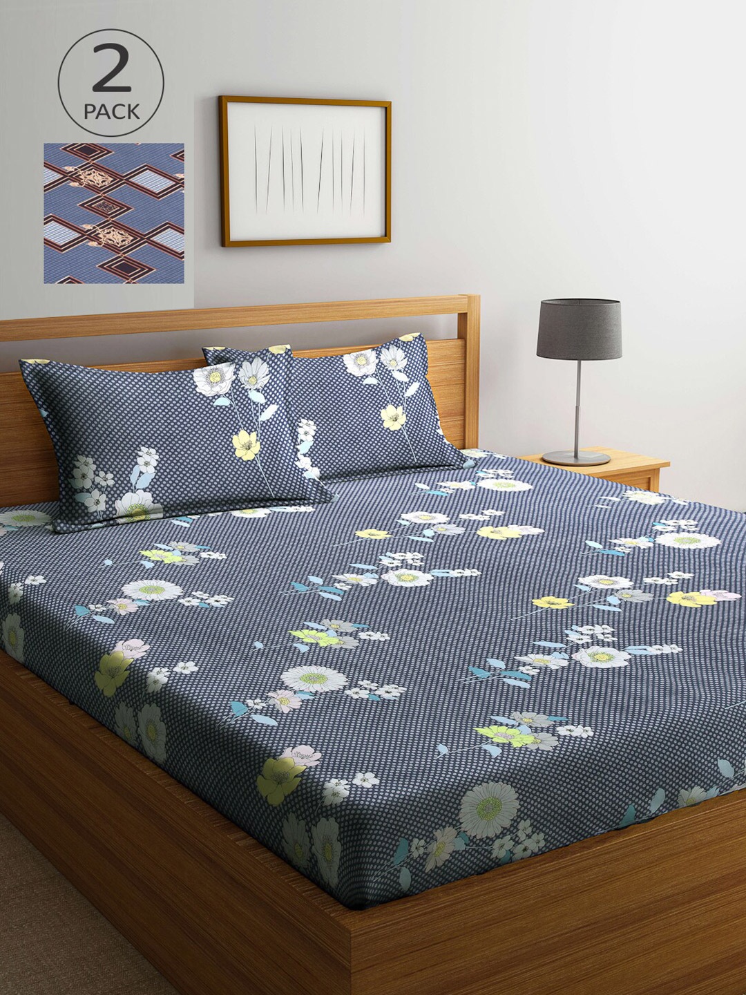 

Arrabi Black & Blue Floral 300 TC 2 King Bedsheet with 4 Pillow Covers