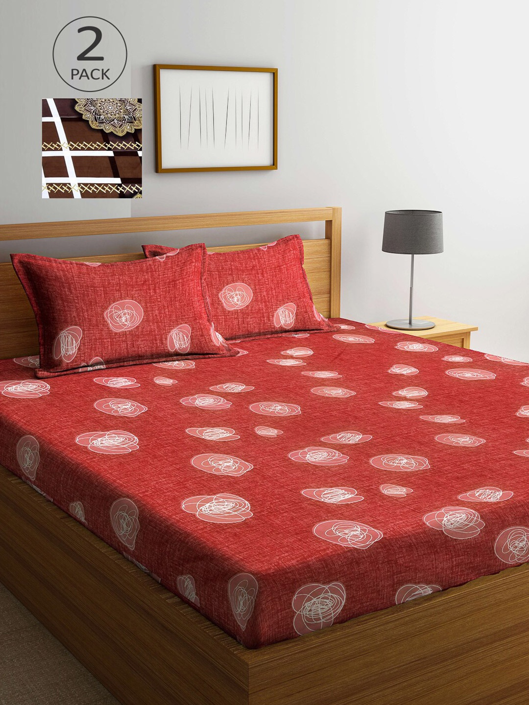 

Arrabi Red & Brown Graphic 300 TC 2 King Bedsheet with 4 Pillow Covers