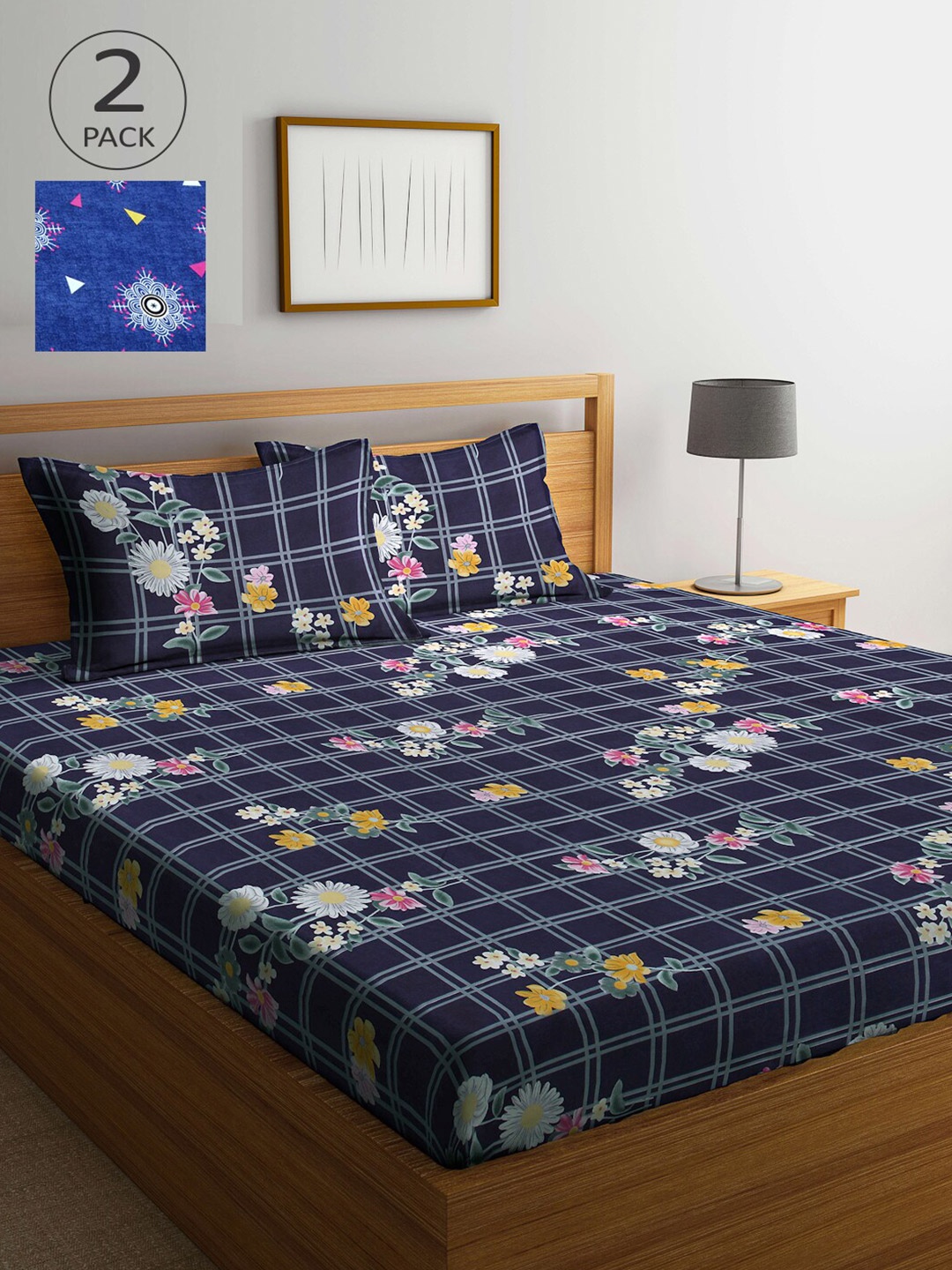 

Arrabi Blue & Grey Floral 300 TC 2 King Bedsheet with 4 Pillow Covers