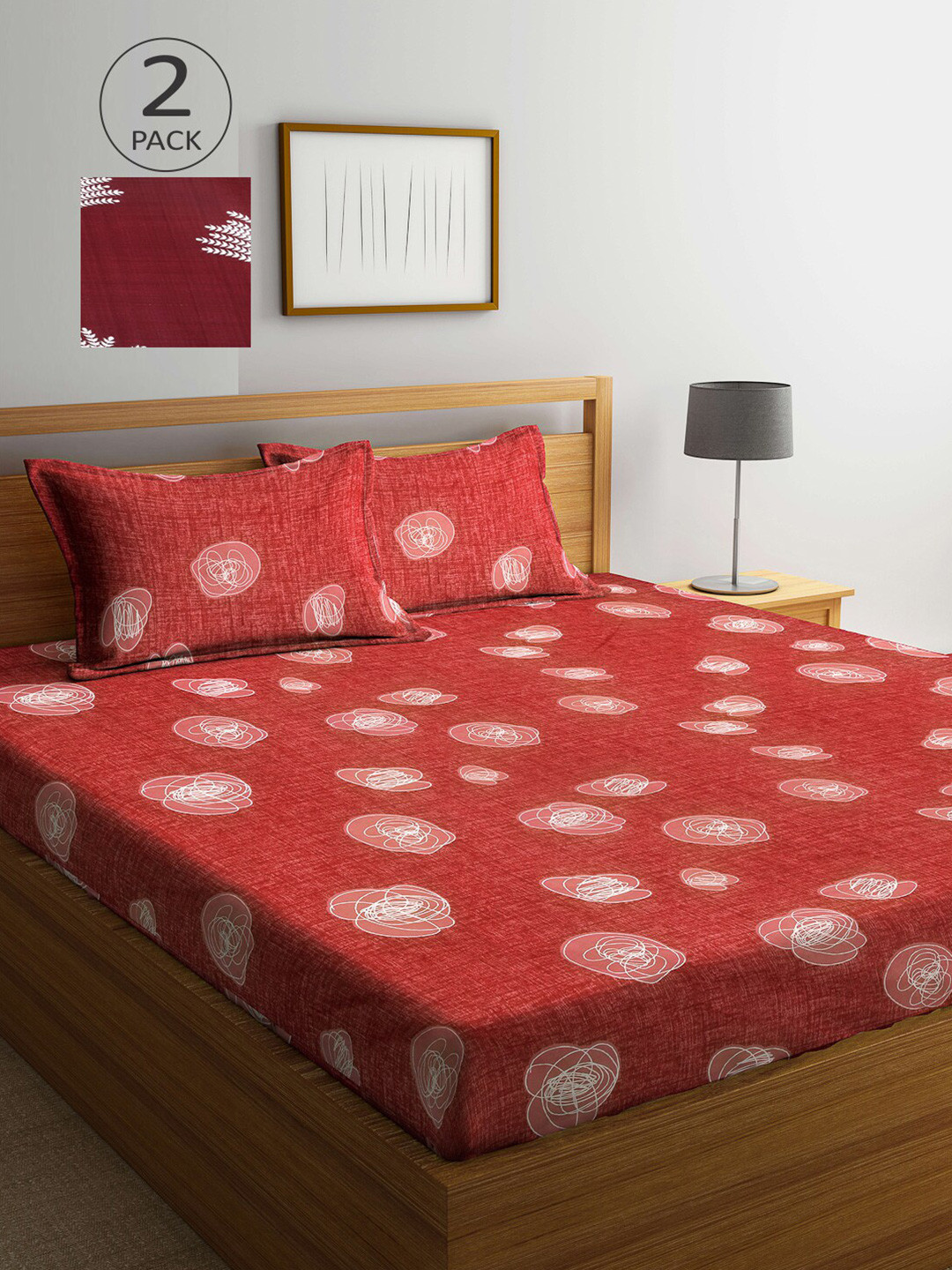 

Arrabi Red & Maroon Graphic 300 TC 2 King Bedsheet with 4 Pillow Covers