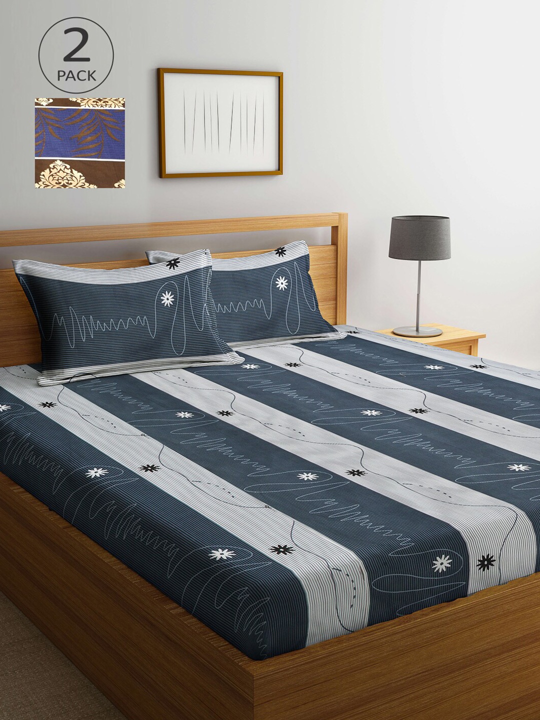

Arrabi Set of 2 Striped 300 TC 2 King Bedsheet with 4 Pillow Covers, Brown