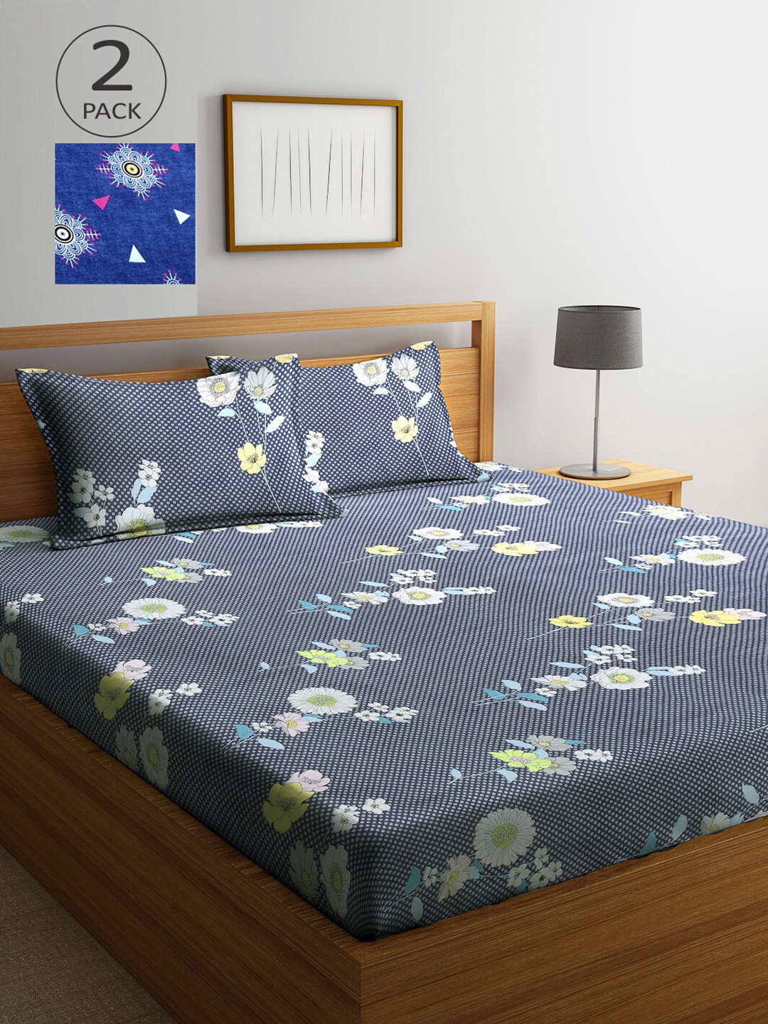 

Arrabi Pack Of 2 Grey & Blue Floral 300 TC 2 King Bedsheet with 4 Pillow Covers