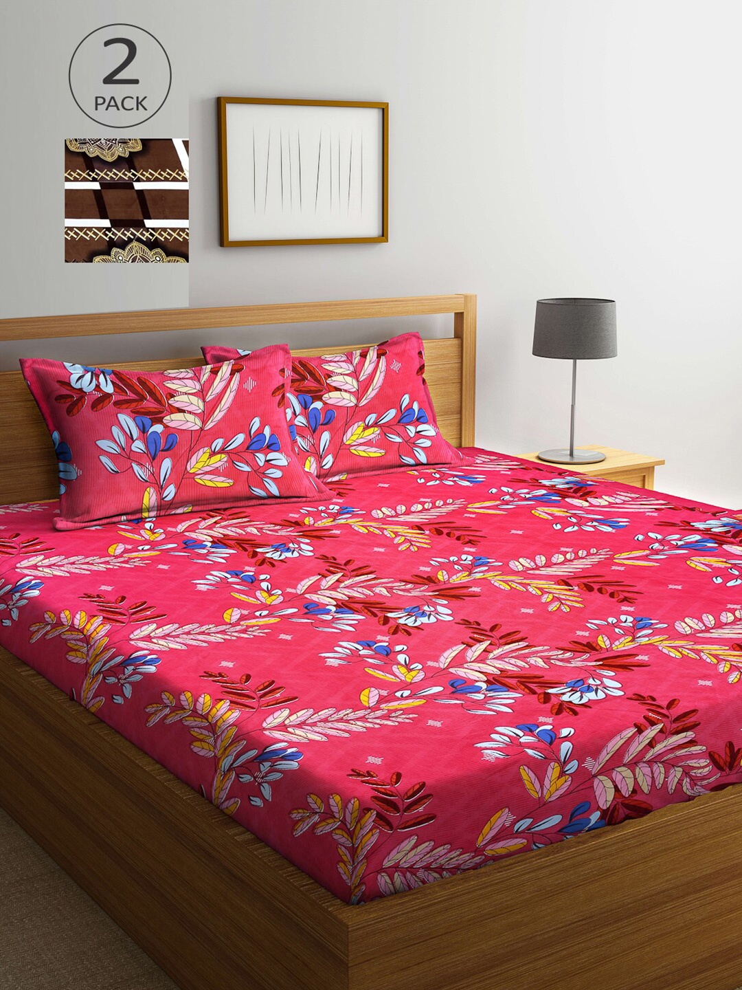 

Arrabi Coral & Brown Pack of 2 Floral 300 TC 2 King Bedsheet with 4 Pillow Covers