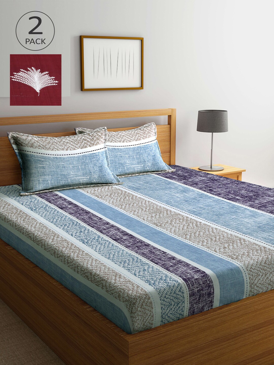 

Arrabi Set of 2 Striped 300 TC 2 King Bedsheet with 4 Pillow Covers, Blue