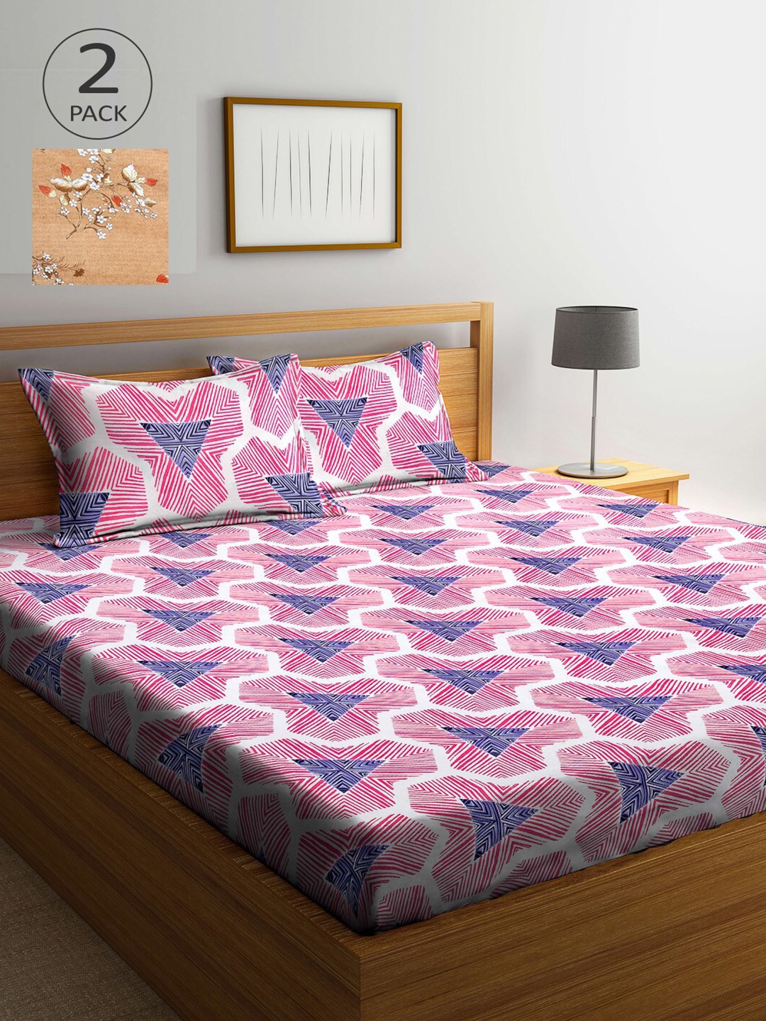 

Arrabi Tan & Pink Pack of 2 Floral 300 TC 2 King Bedsheet with 4 Pillow Covers