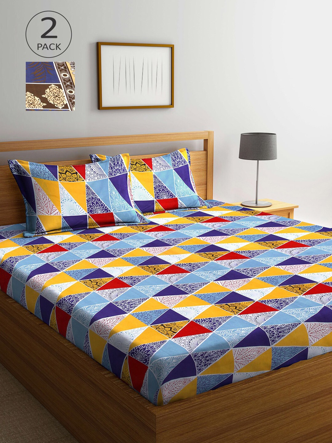 

Arrabi Blue & Yellow Geometric 300 TC 2 King Bedsheets with 4 Pillow Covers