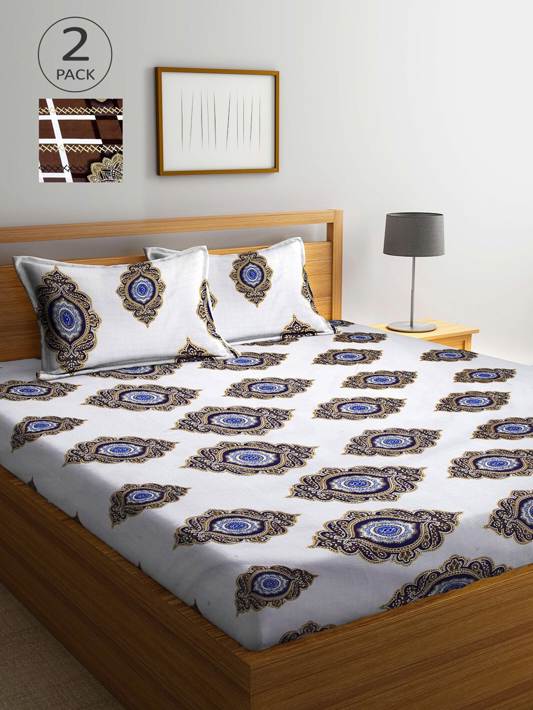 

Arrabi Set of 2 Ethnic Motifs Printed 300 TC 2 King Bedsheet with 4 Pillow Covers, White