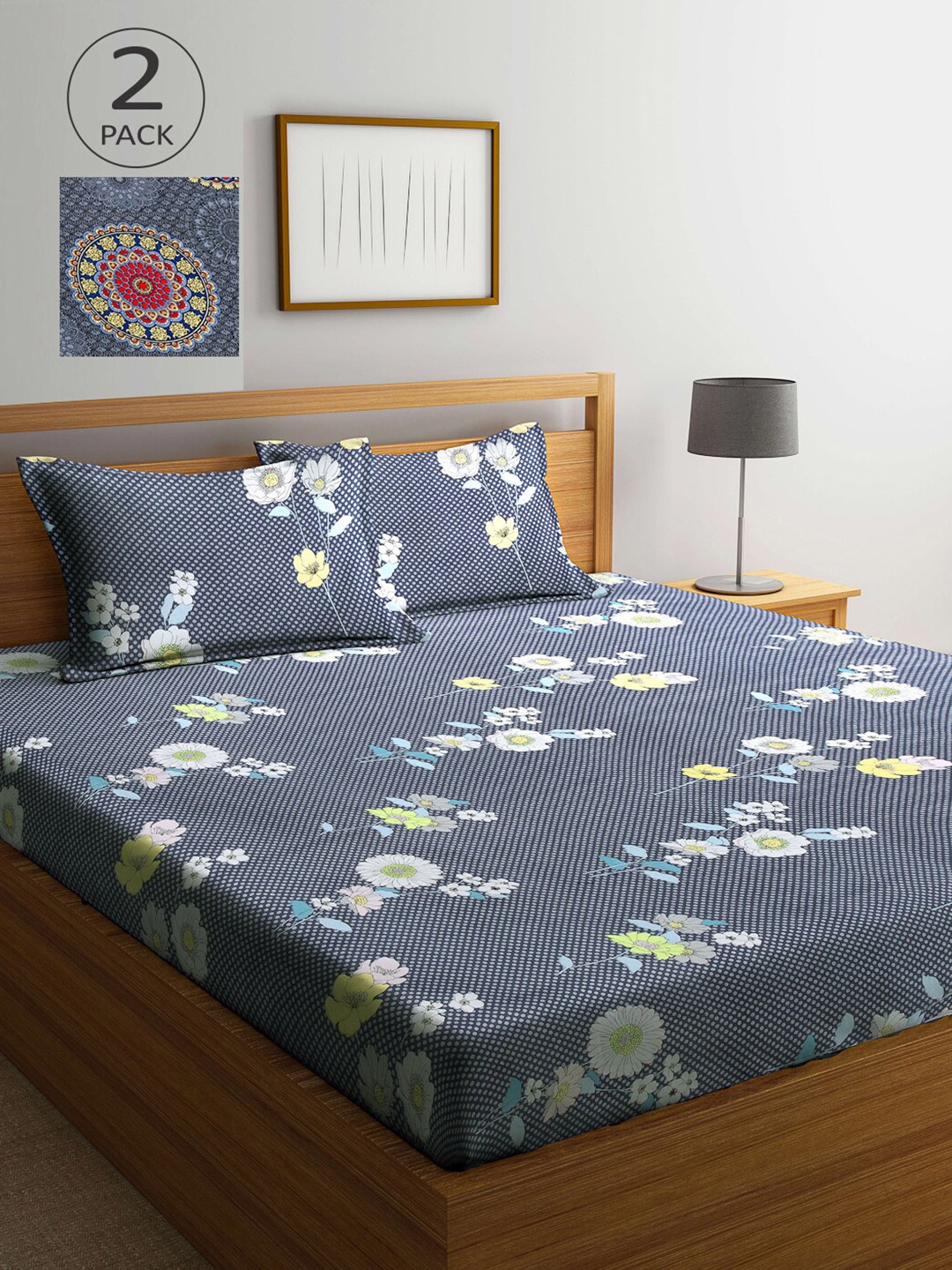 

Arrabi Pack Of 2 Grey & White Floral 300 TC 2 King Bedsheet with 4 Pillow Covers