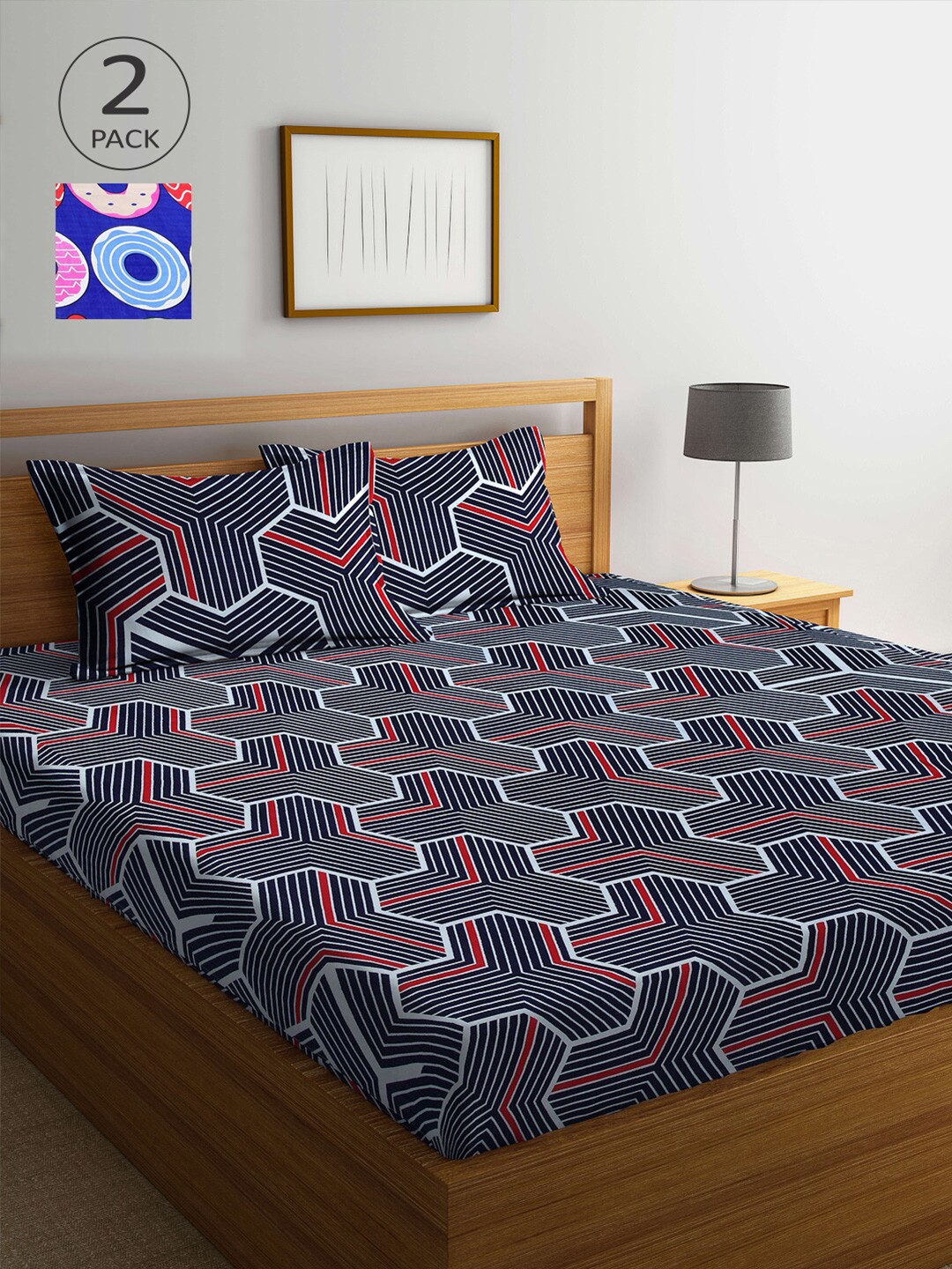 

Arrabi Blue & Red Pack of 2 Geometric 300 TC King Bedsheet with 4 Pillow Covers