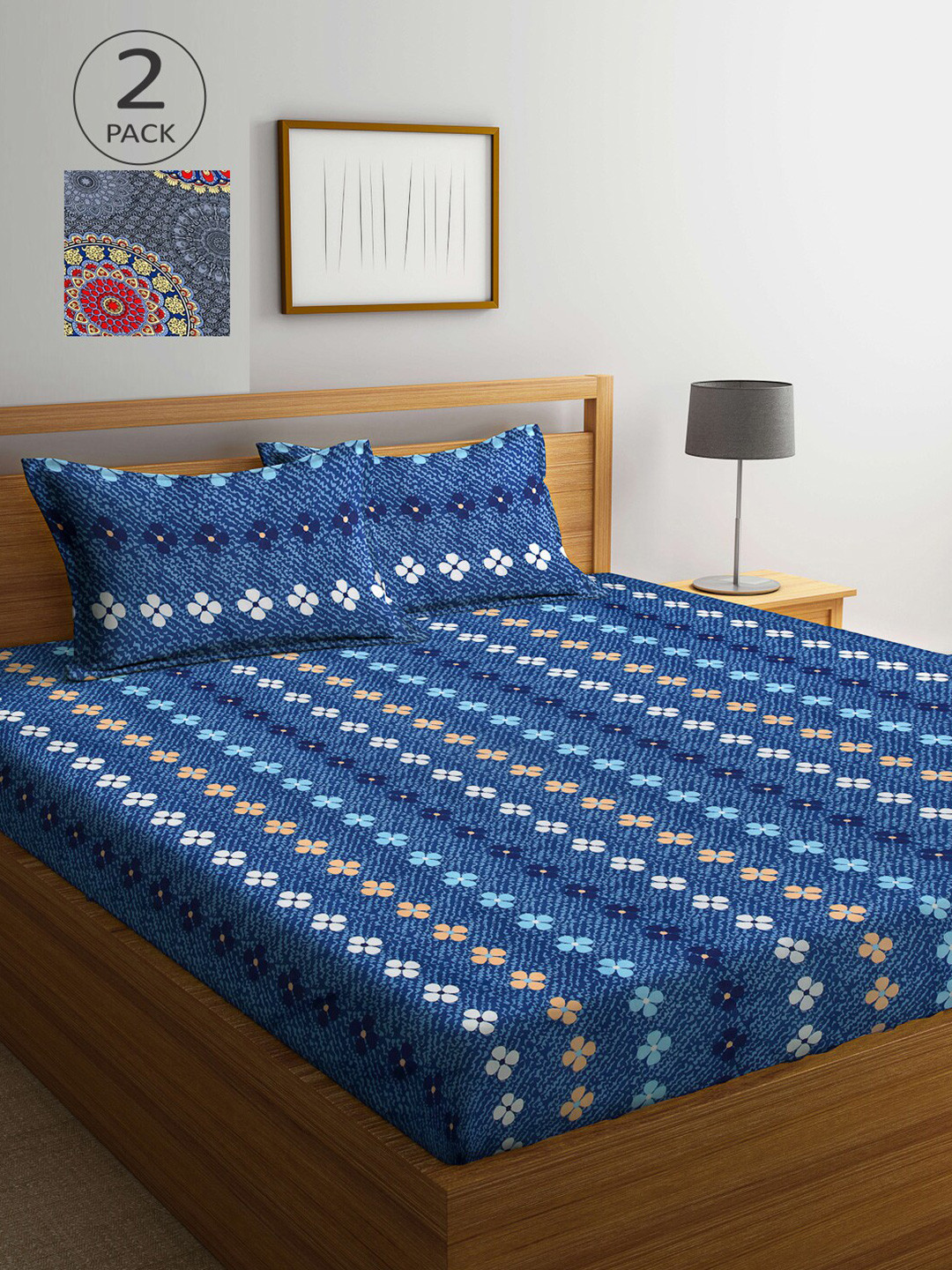 

Arrabi Blue & Grey Floral 300 TC 2 King Bedsheet with 4 Pillow Covers