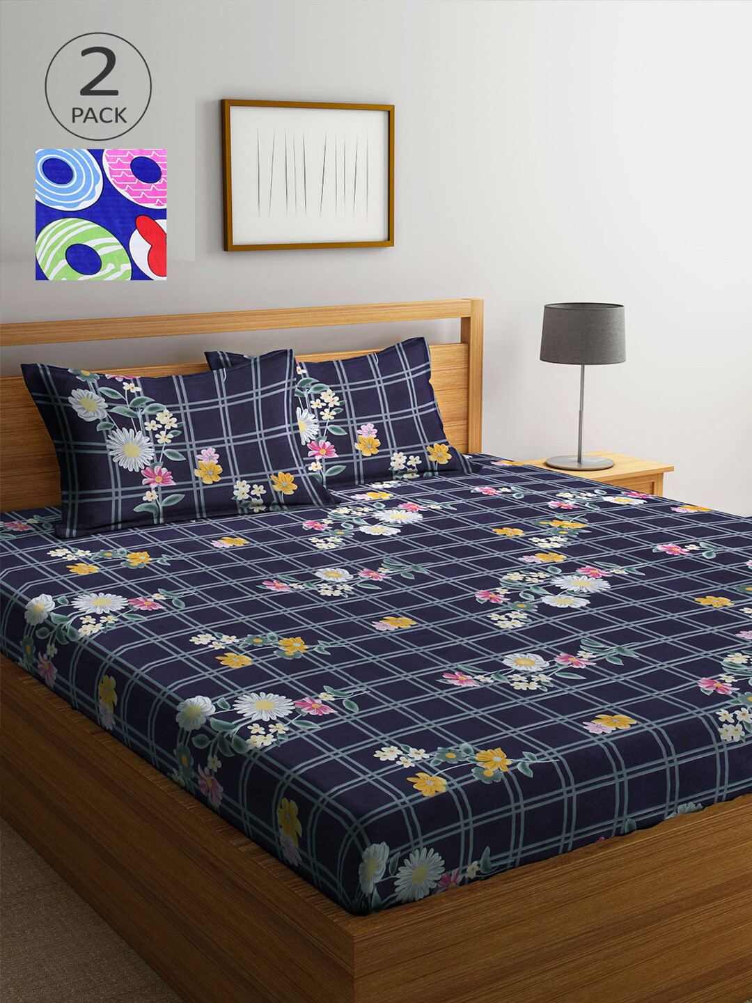 

Arrabi Pack Of 2 Printed 300 TC King Bedsheet With 4 Pillow Covers, Navy blue