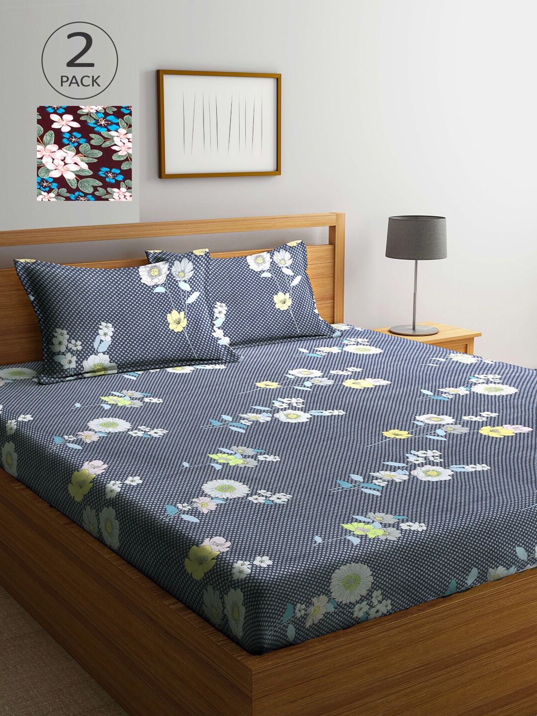 

Arrabi Set Of 2 Grey & Maroon Floral 300 TC King Bedsheet With 4 Pillow Covers
