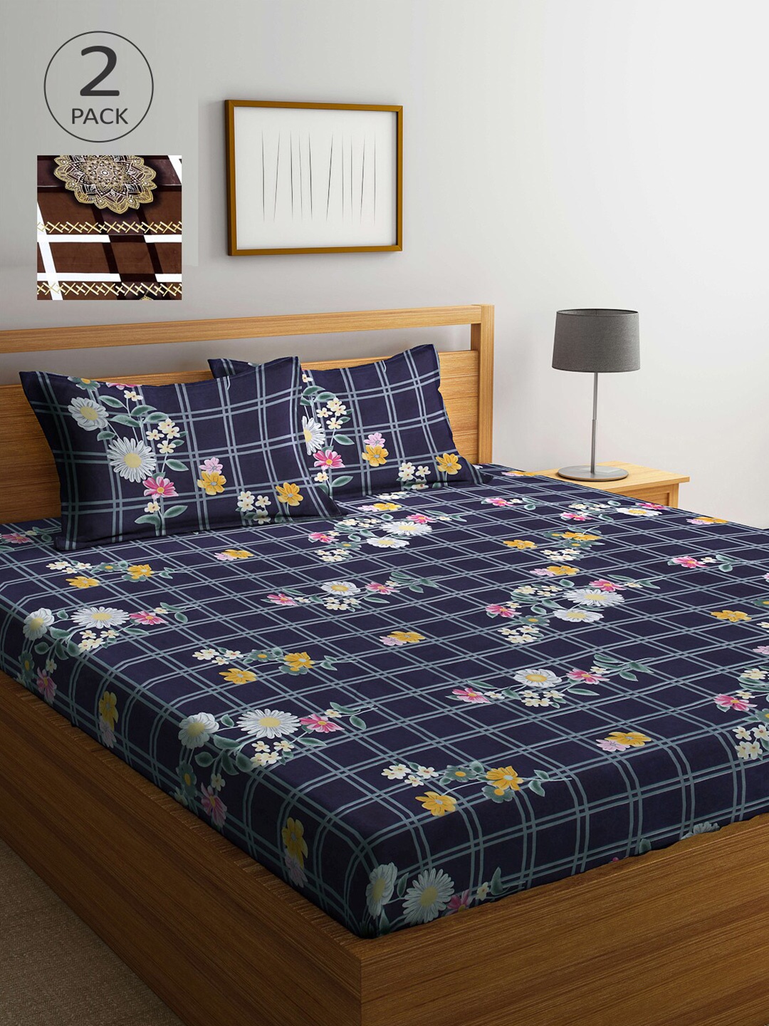 

Arrabi Brown & Navy Blue Floral 300 TC 2 King Bedsheets with 4 Pillow Covers