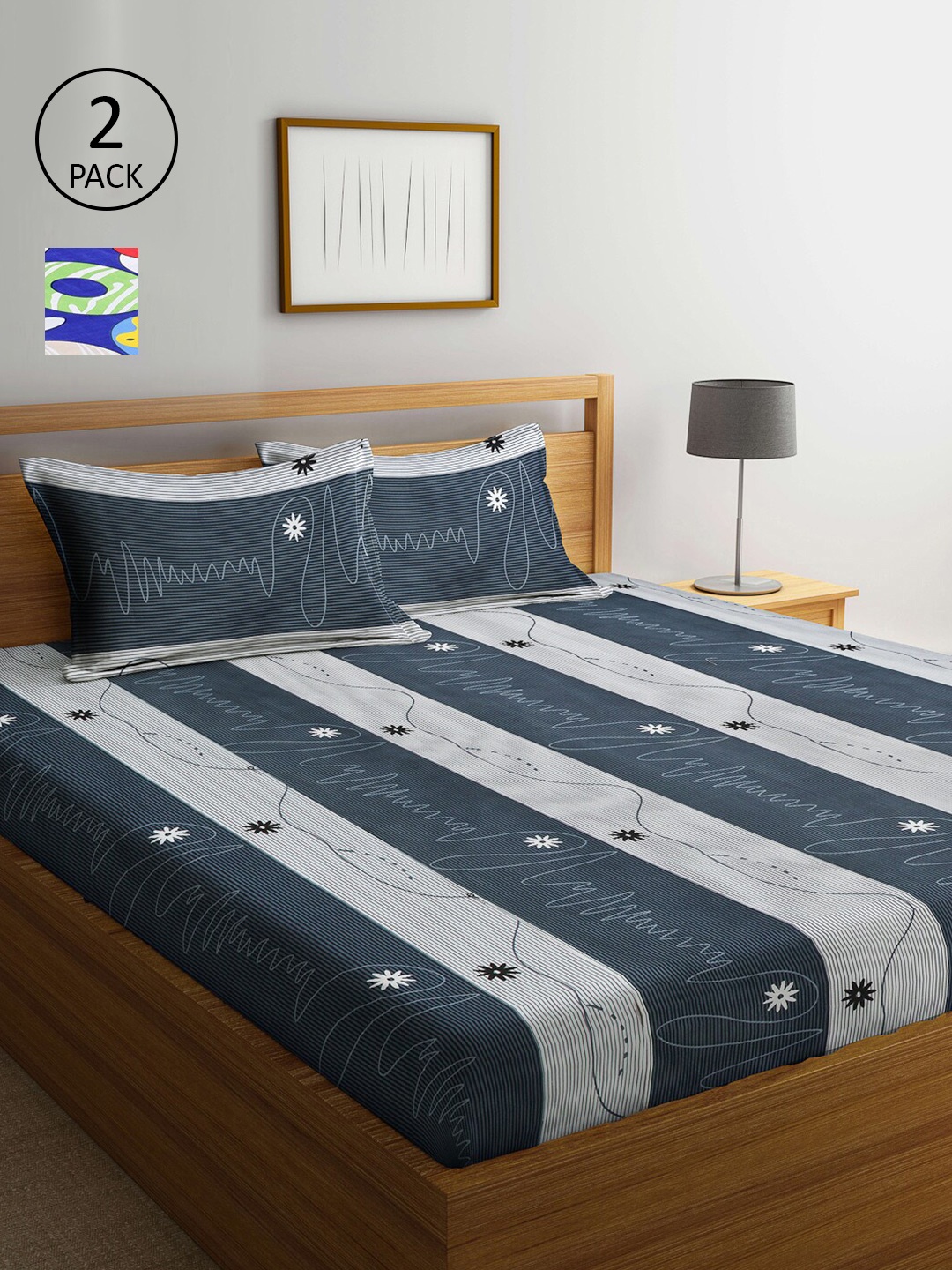 

Arrabi Blue & White Striped 300 TC 2 King Bedsheet with 4 Pillow Covers