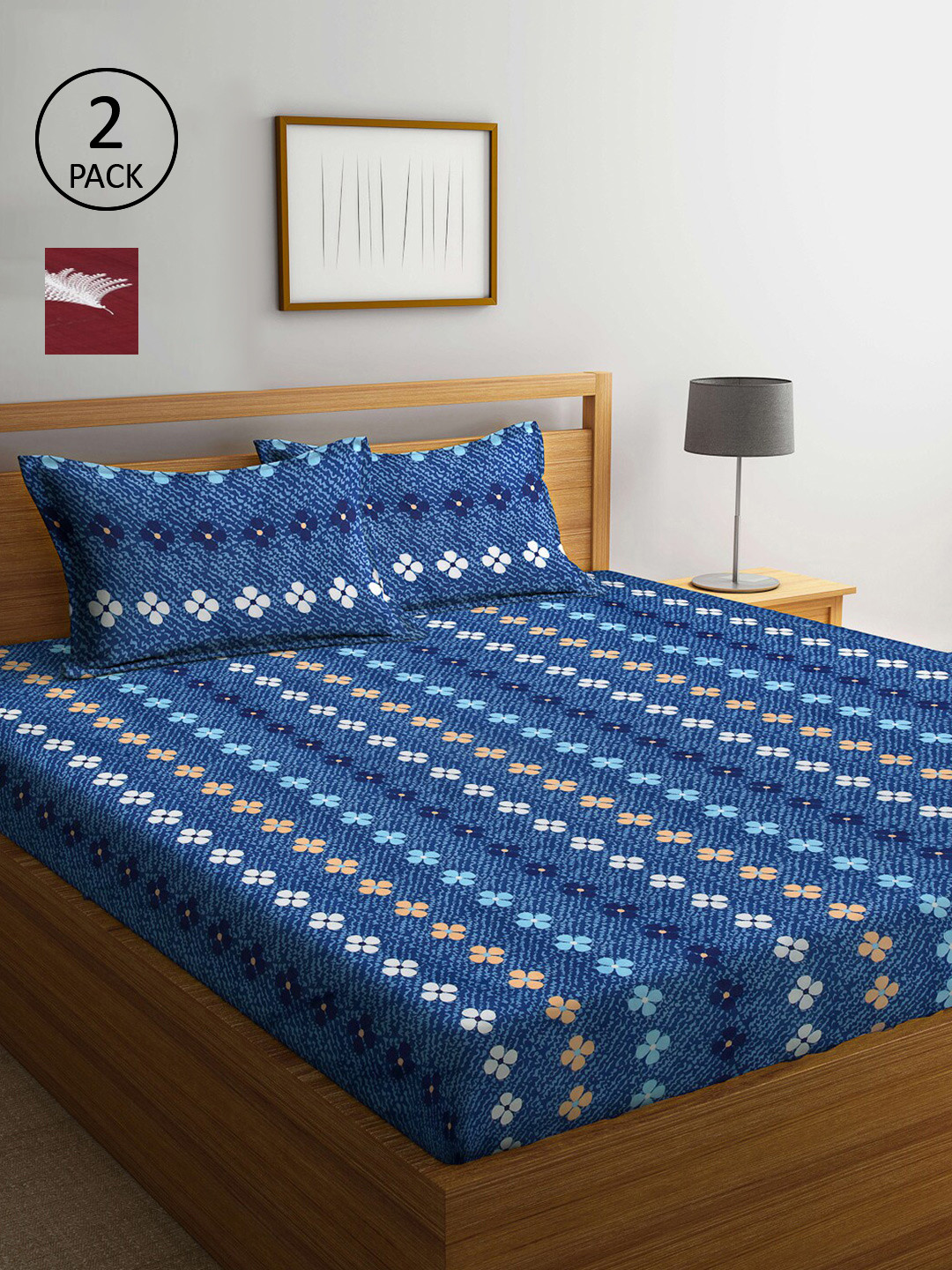 

Arrabi Set of 2 Floral Printed 300 TC 2 King Bedsheet with 4 Pillow Covers, Blue