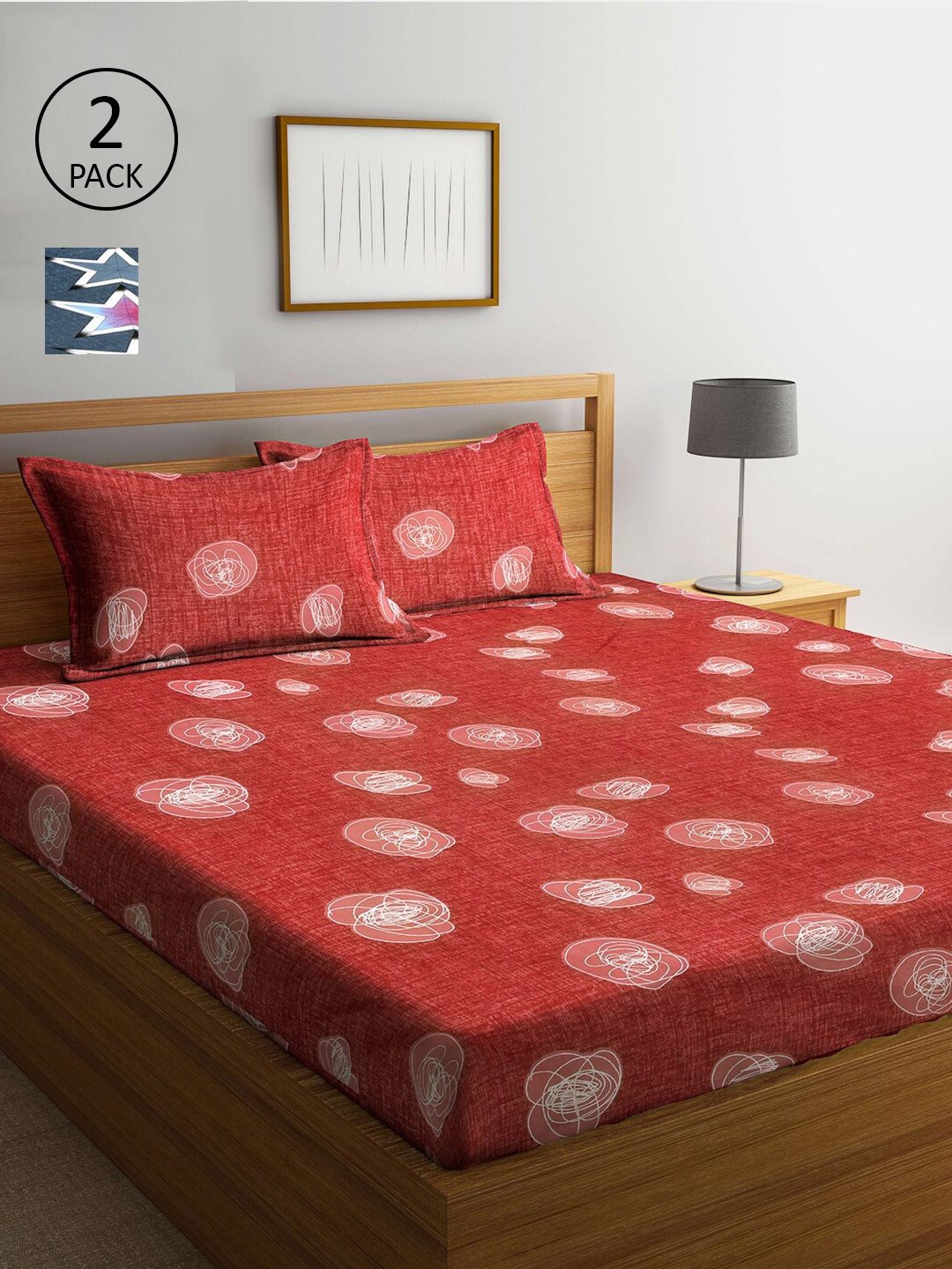

Arrabi Set Of 2 Red & Grey Printed 300 TC 2 King Bedsheet with 4 Pillow Covers
