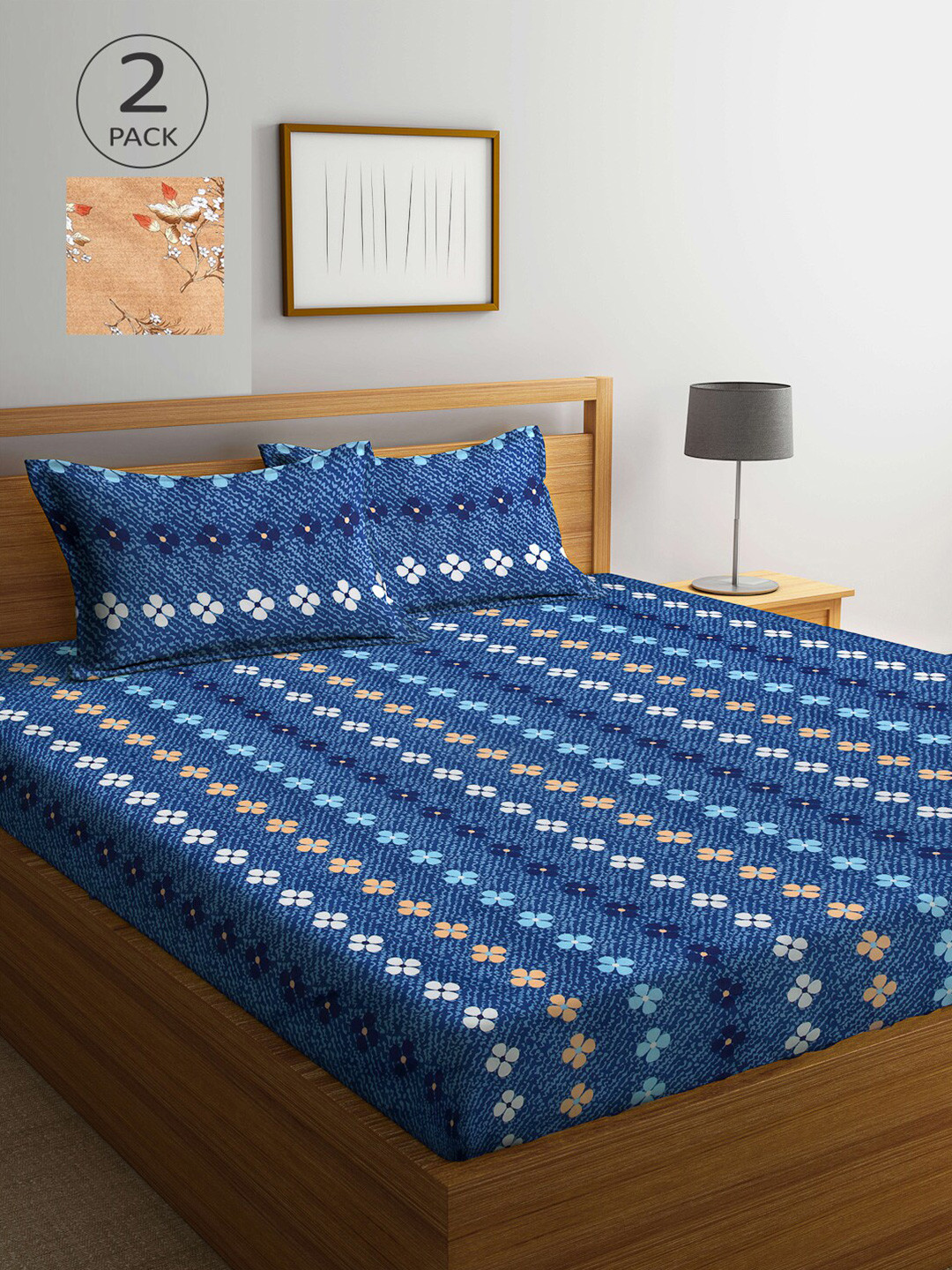 

Arrabi Blue & Tan Pack of 2 Floral 300 TC King Bedsheet with 4 Pillow Covers