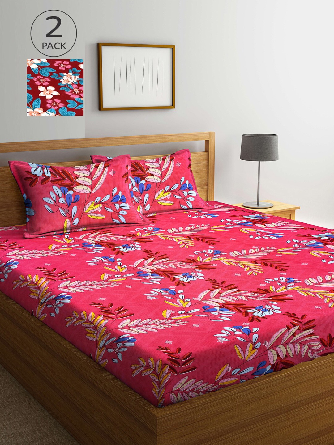 

Arrabi Pack Of 2 Pink & White Floral 300 TC 2 King Bedsheet with 4 Pillow Covers