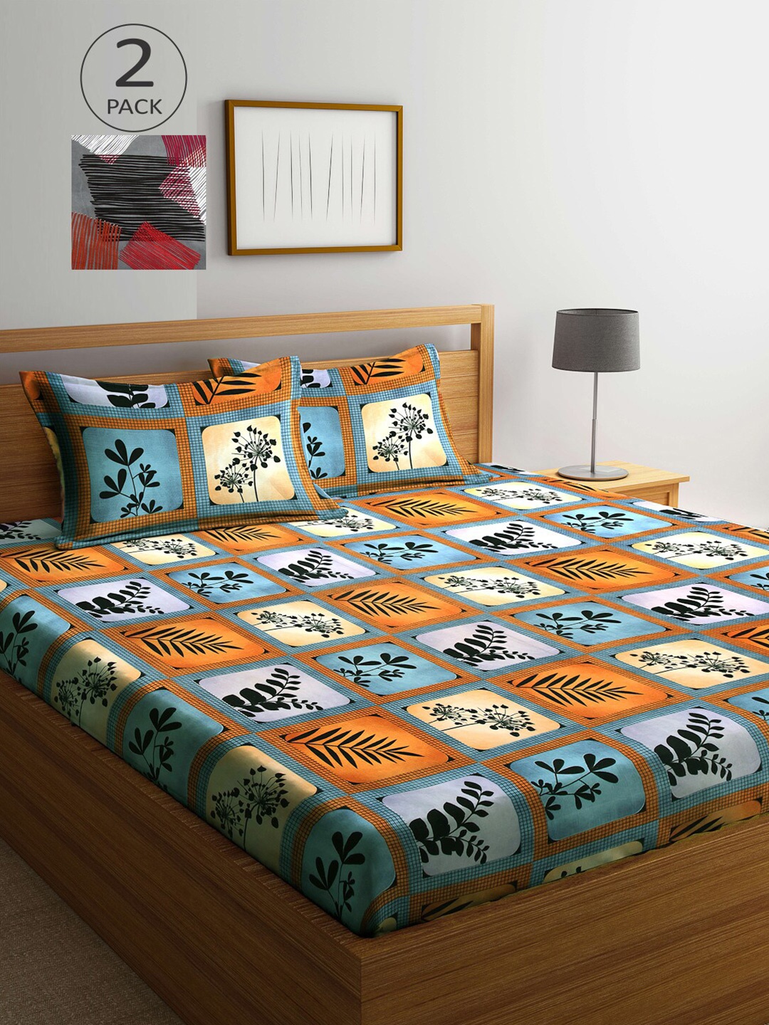 

Arrabi Blue & Grey Floral 300 TC 2 King Bedsheet with 4 Pillow Covers