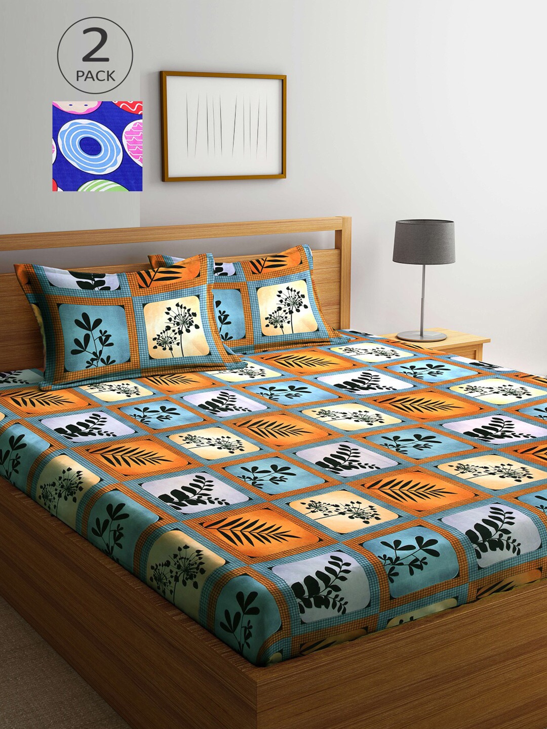 

Arrabi Blue & Green Floral 300 TC 2 King Bedsheet with 4 Pillow Covers