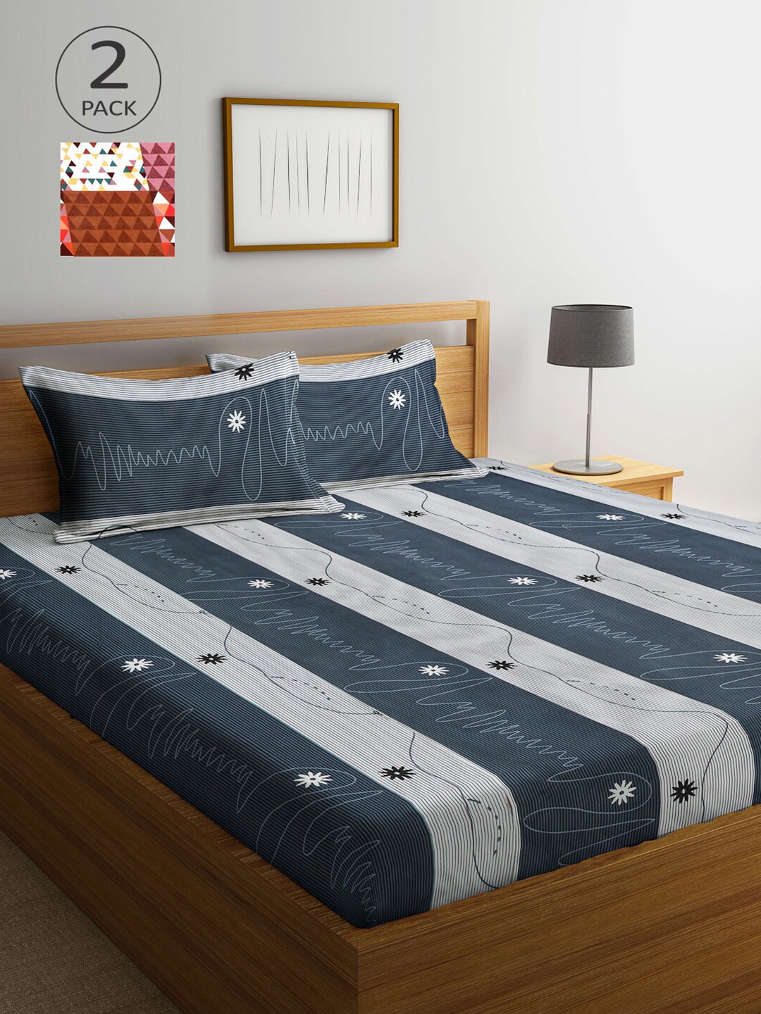 

Arrabi Red & Grey Striped 300 TC 2 King Bedsheet with 4 Pillow Covers