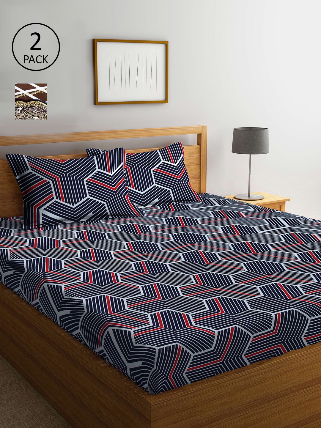 

Arrabi Set Of 2 Navy Blue & Brown Geometric 300 TC 2 King Bedsheet with 4 Pillow Covers