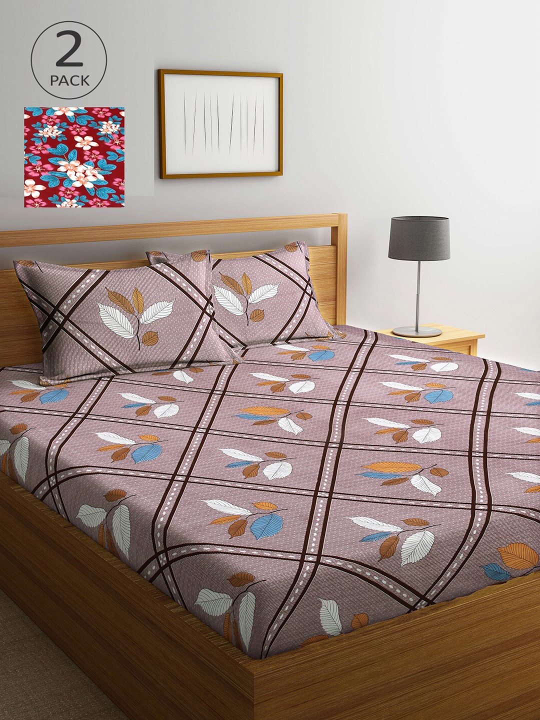 

Arrabi Set Of 2 Brown & Blue Floral 300 TC King Bedsheets With 4 Pillow Covers