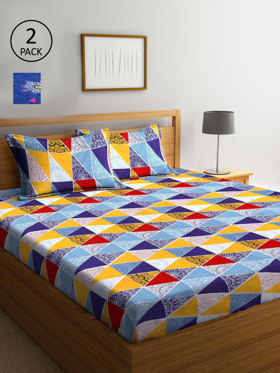 

Arrabi Blue & Yellow Geometric 300 TC 2 King Bedsheet with 4 Pillow Covers