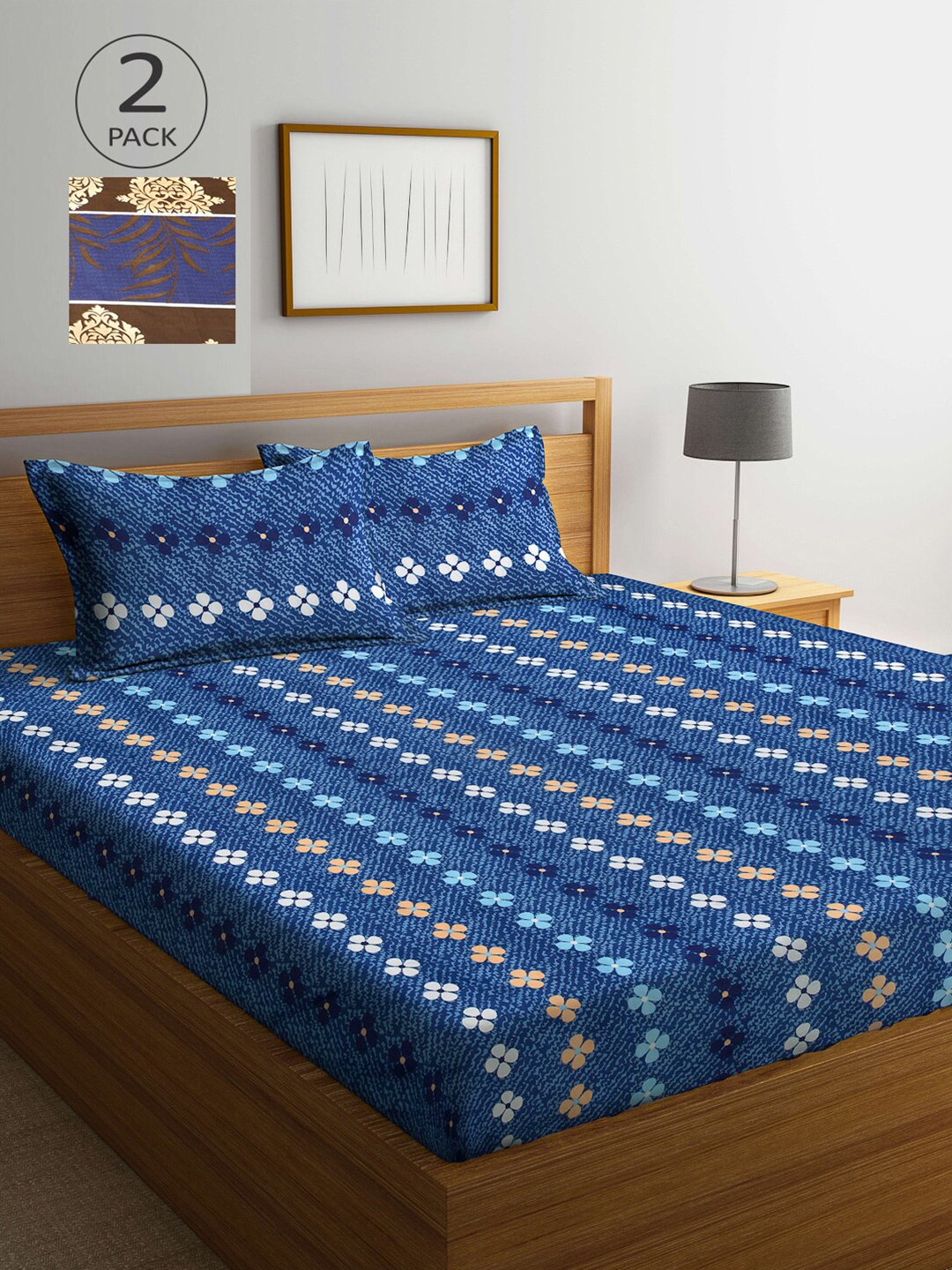 

Arrabi Blue & Brown Floral 300 TC 2 King Bedsheet with 4 Pillow Covers