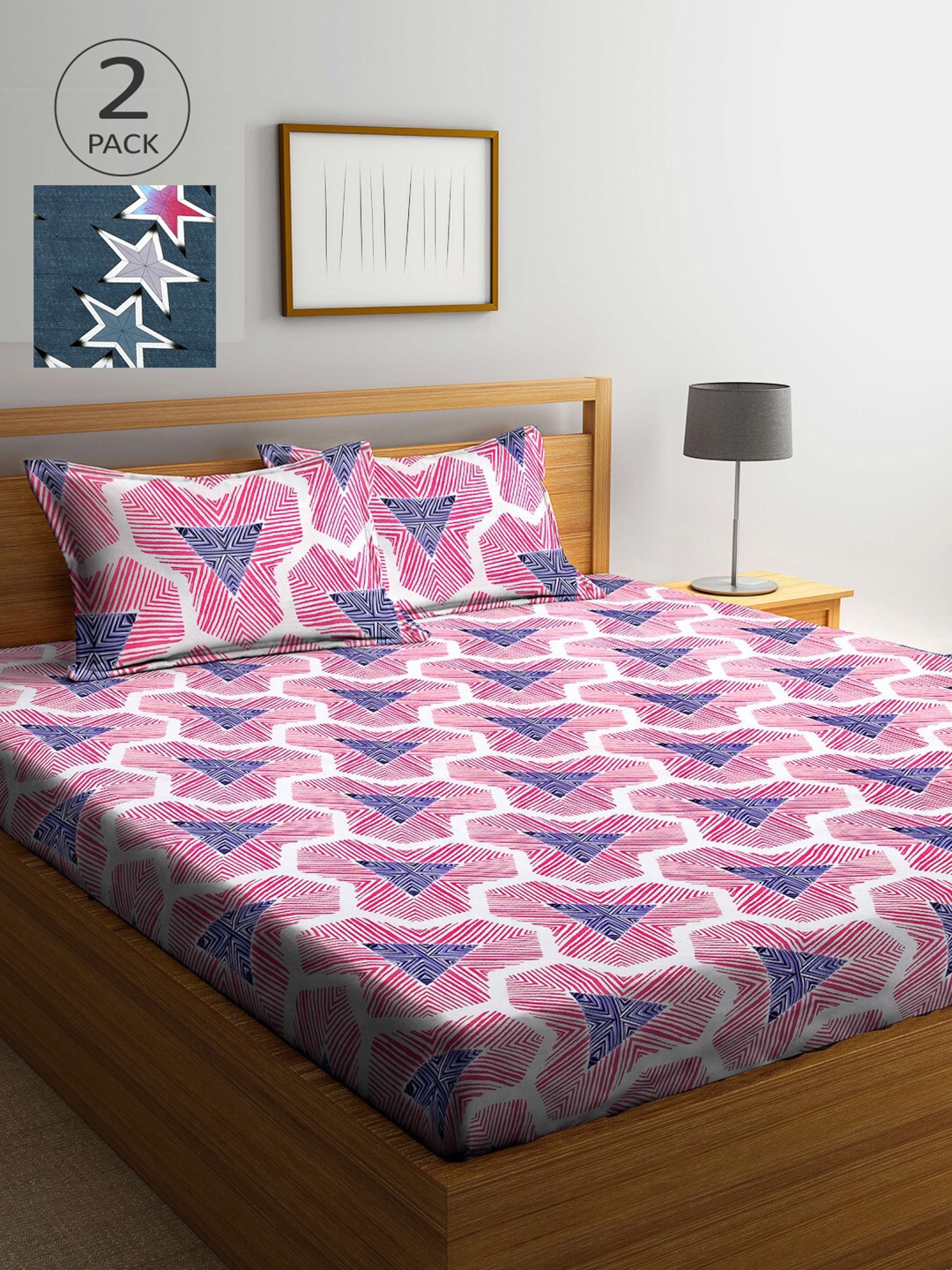 

Arrabi Pink & White Geometric 300 TC 2 King Bedsheet with 4 Pillow Covers