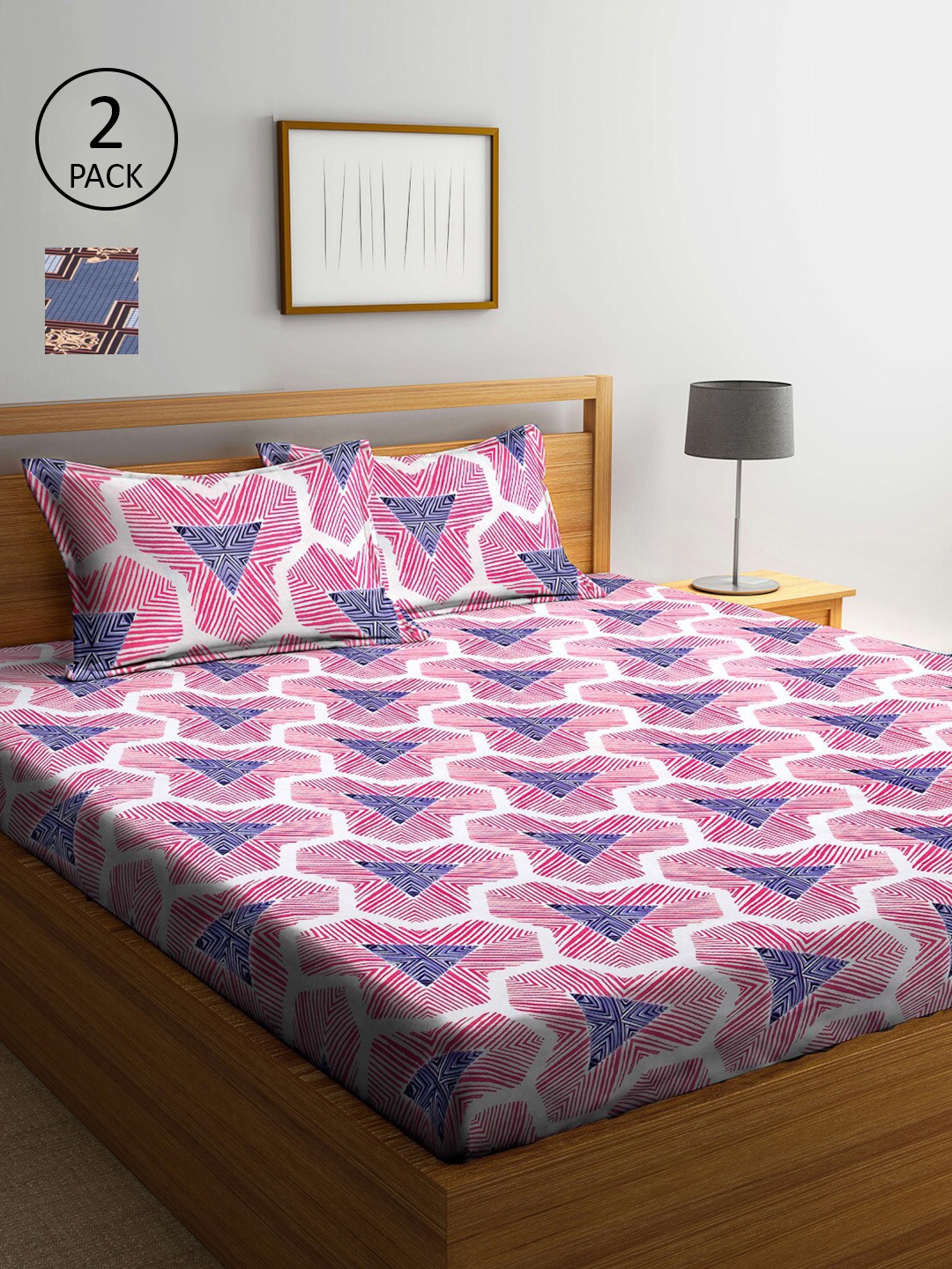 

Arrabi Set of 2 Geometric Printed 300 TC 2 King Bedsheet with 4 Pillow Covers, Pink
