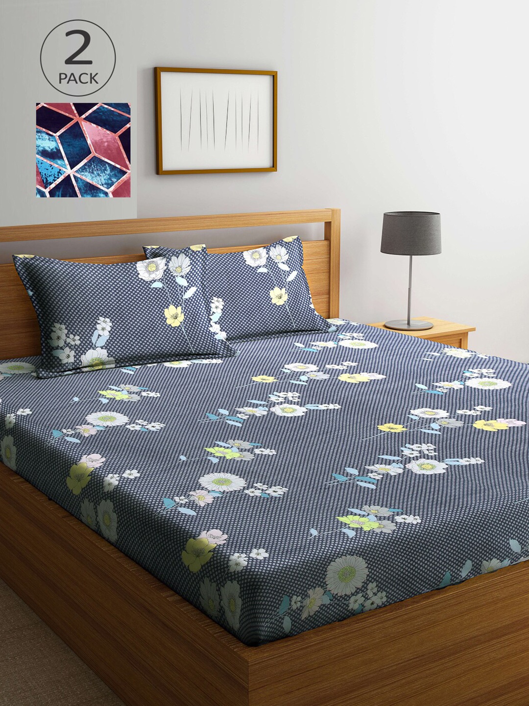 

Arrabi Grey & Blue Floral 300 TC 2 King Bedsheet with 4 Pillow Covers