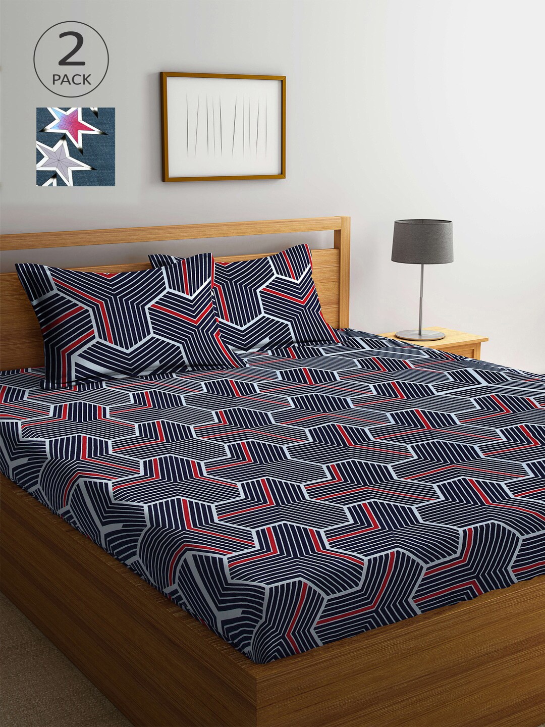 

Arrabi Pack Of 2 Grey & White Geometric 300 TC 2 King Bedsheet with 4 Pillow Covers