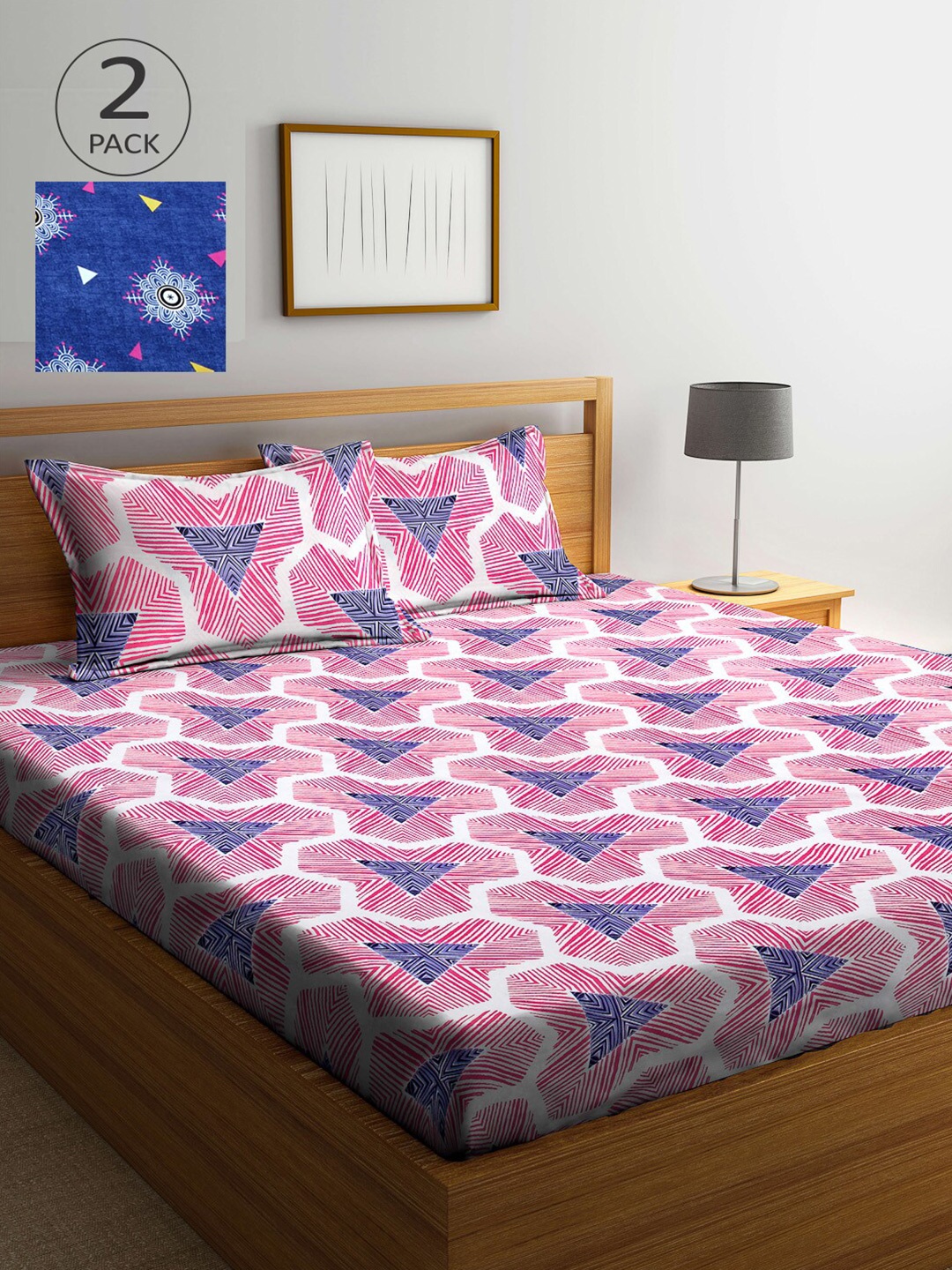 

Arrabi Blue & Pink Pack of 2 Ethnic Motifs 300 TC King Bedsheet with 4 Pillow Covers