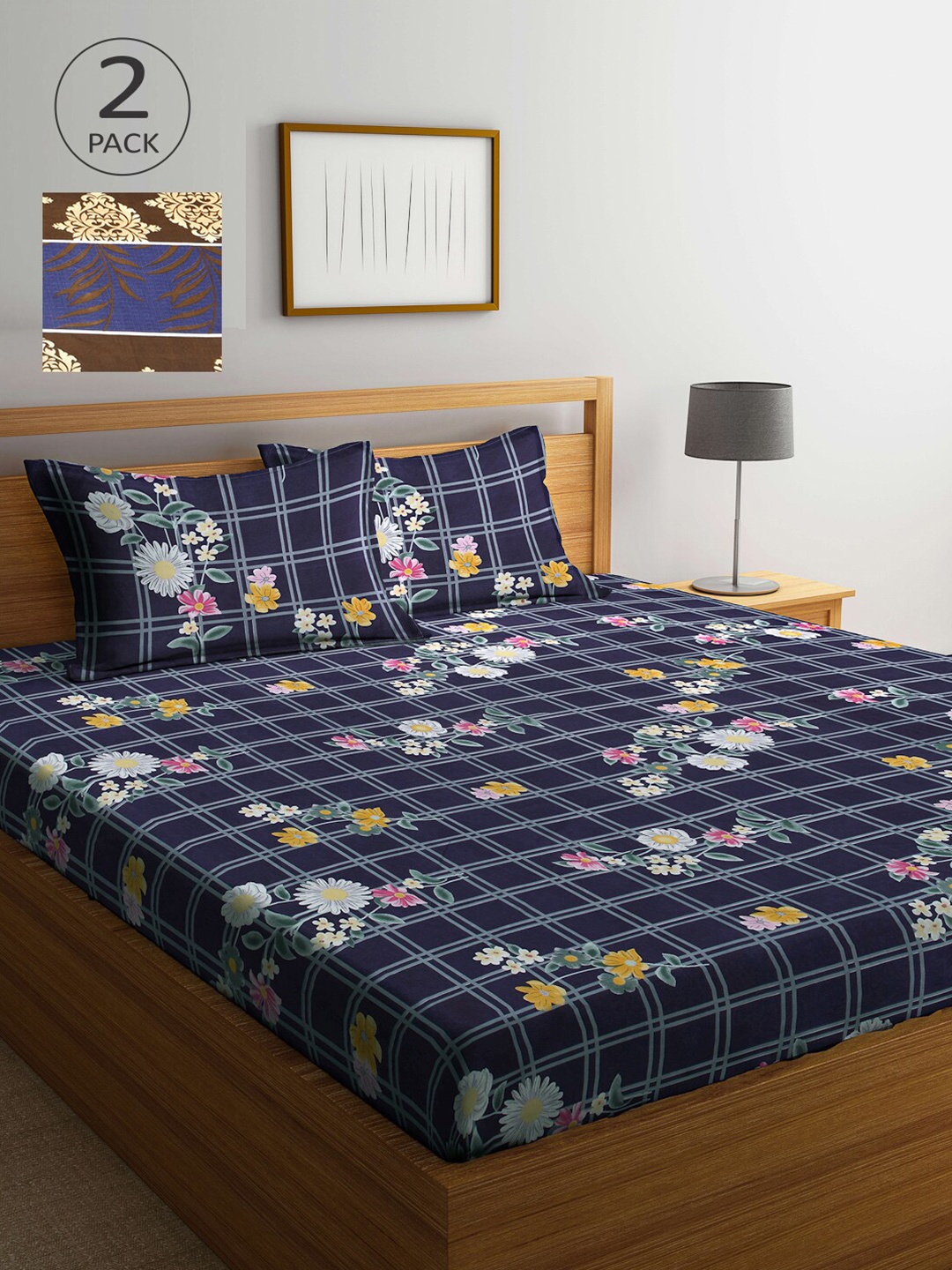 

Arrabi Set Of 2 Yellow & Blue Floral 300 TC King Bedsheets With 4 Pillow Covers