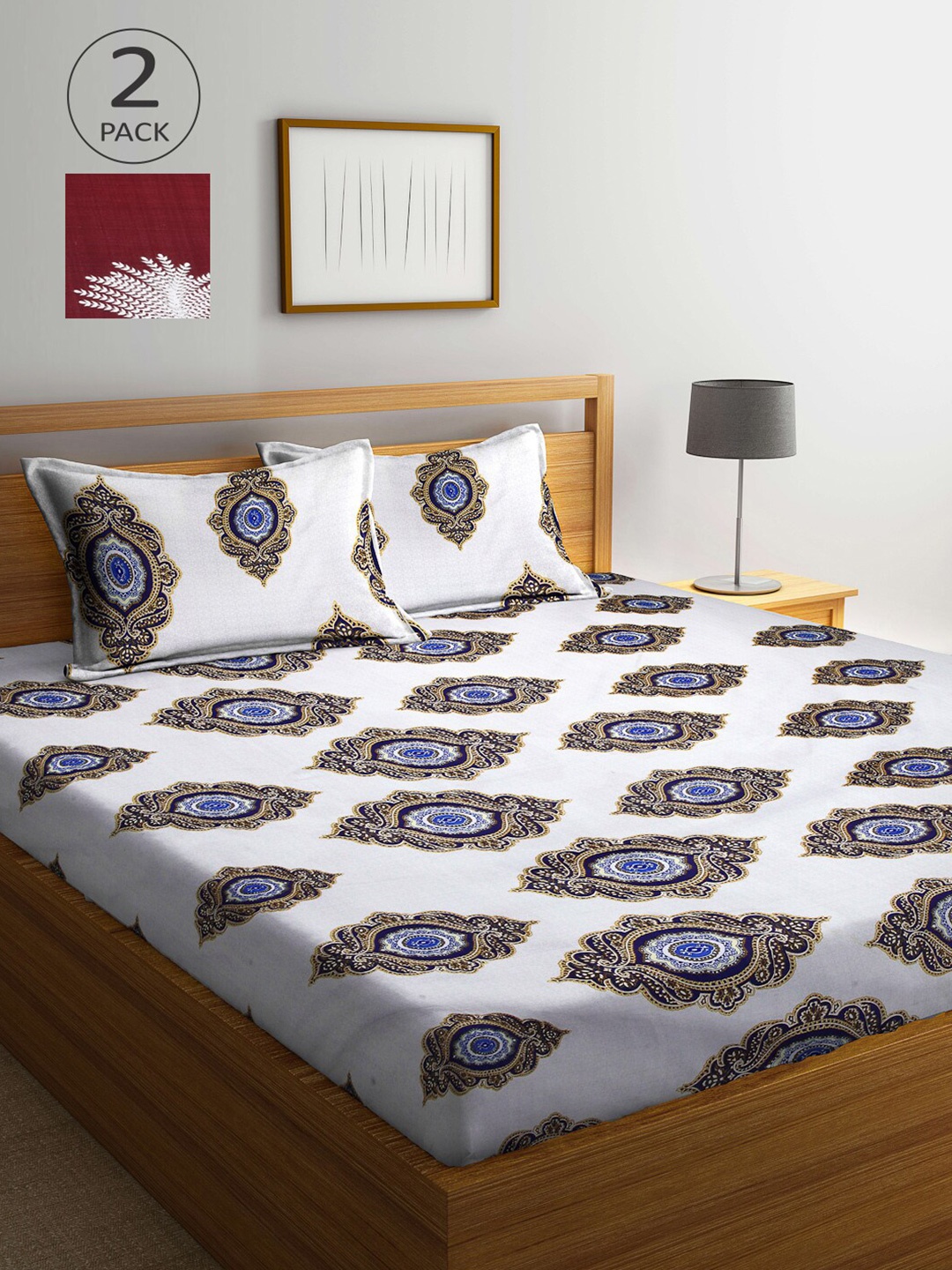 

Arrabi White & Maroon Ethnic Motifs 300 TC 2 King Bedsheet with 4 Pillow Covers