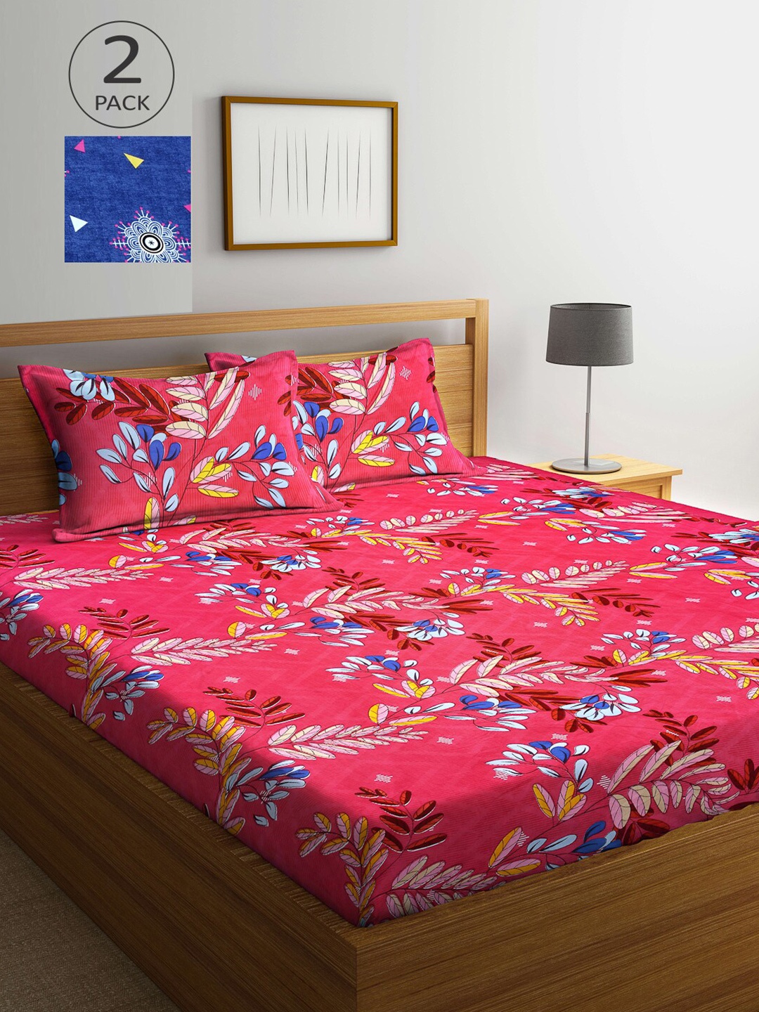 

Arrabi Blue & Red Floral 300 TC 2 King Bedsheet with 4 Pillow Covers