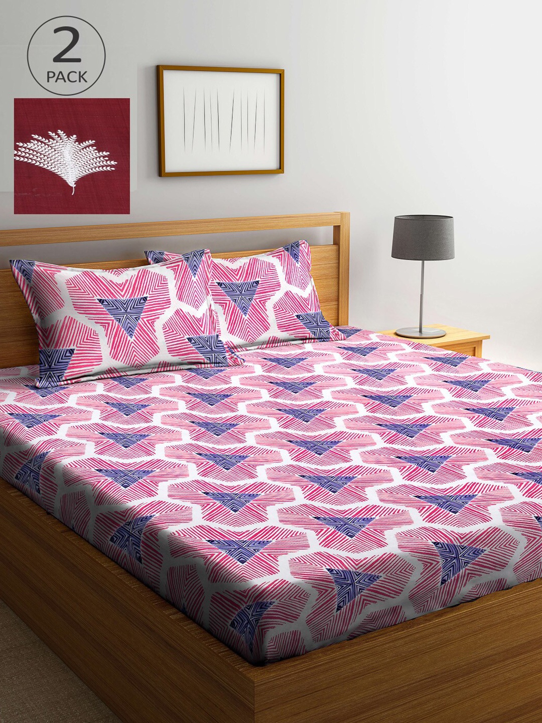 

Arrabi Pink & Maroon Geometric 300 TC 2 King Bedsheet with 4 Pillow Covers