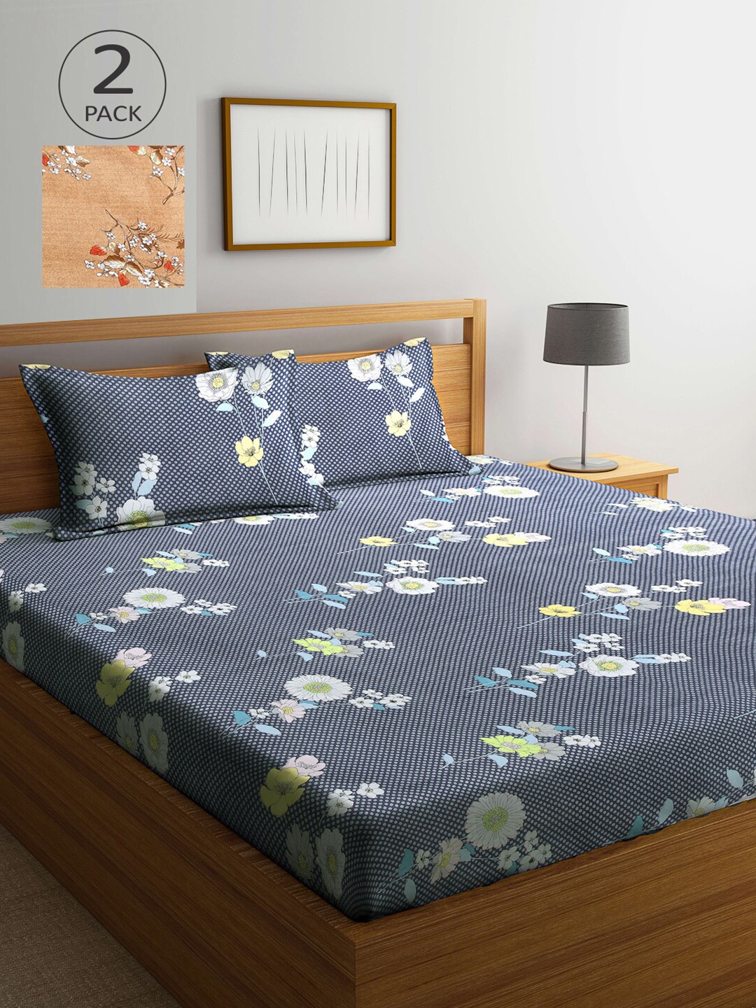 

Arrabi Set of 2 Floral Printed 300 TC 2 King Bedsheet with 4 Pillow Covers, Grey