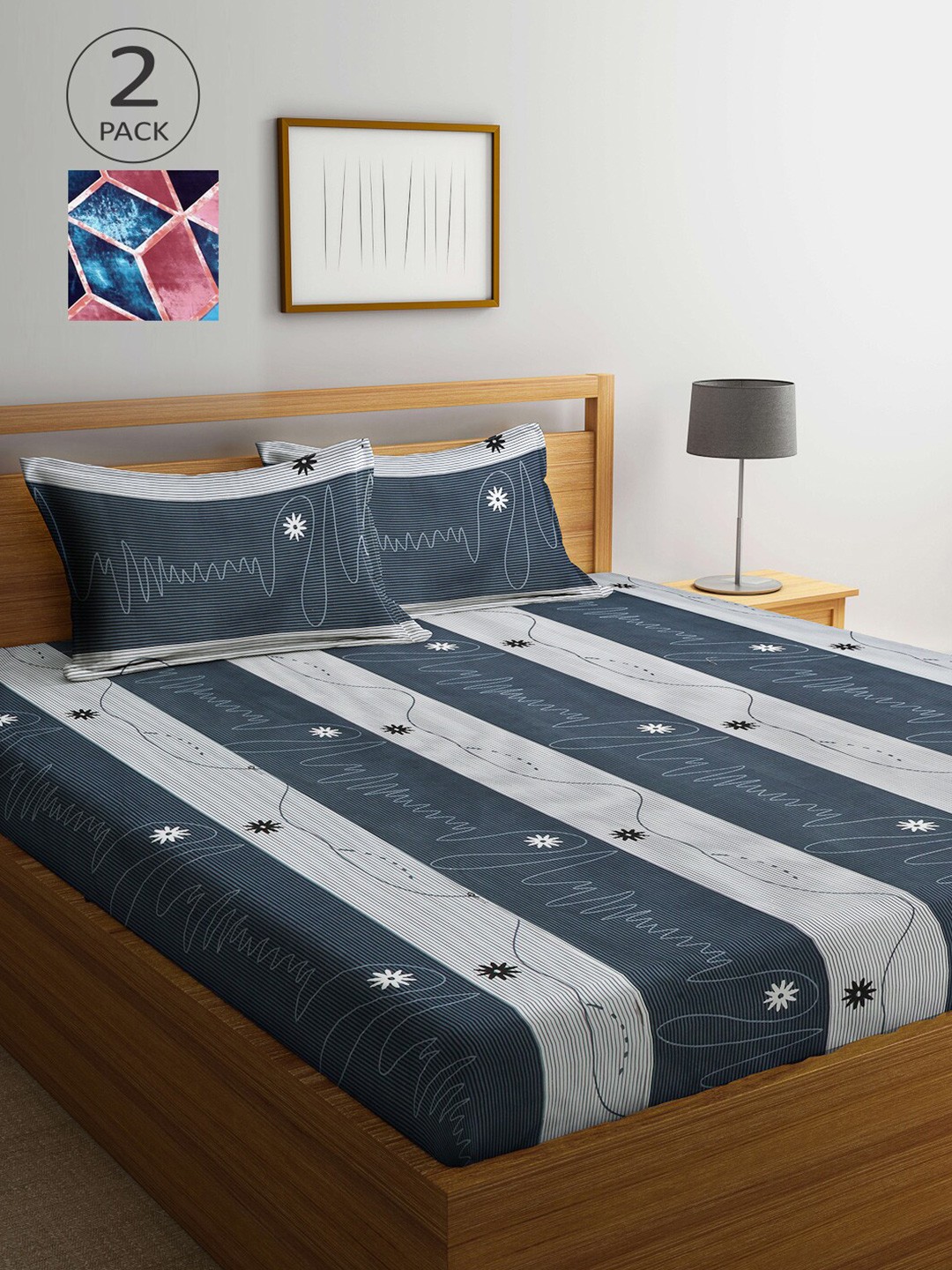 

Arrabi Grey & Blue Pack of 2 Striped 300 TC King Bedsheet with 4 Pillow Covers