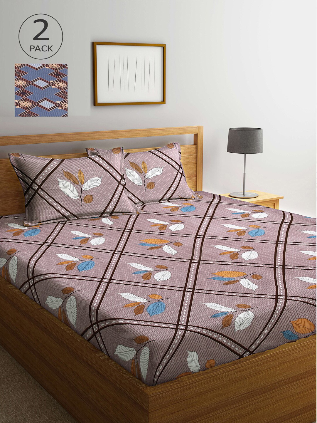 

Arrabi Mauve & Blue Floral 300 TC 2 King Bedsheet with 4 Pillow Covers