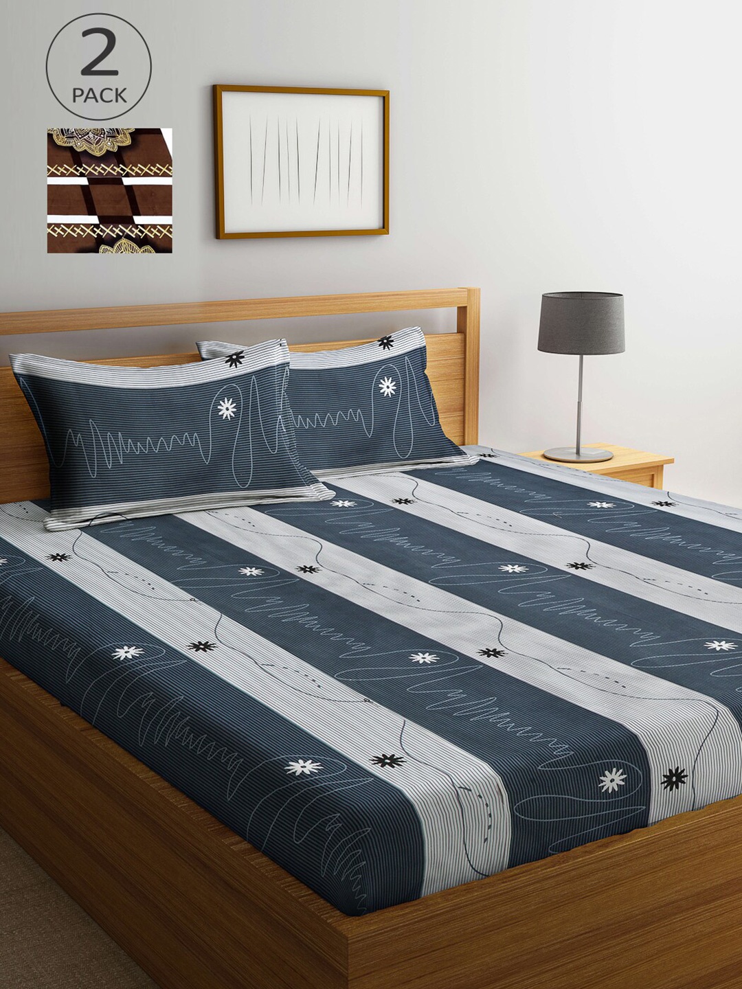 

Arrabi Grey & Brown Striped 300 TC 2 King Bedsheet with 4 Pillow Covers