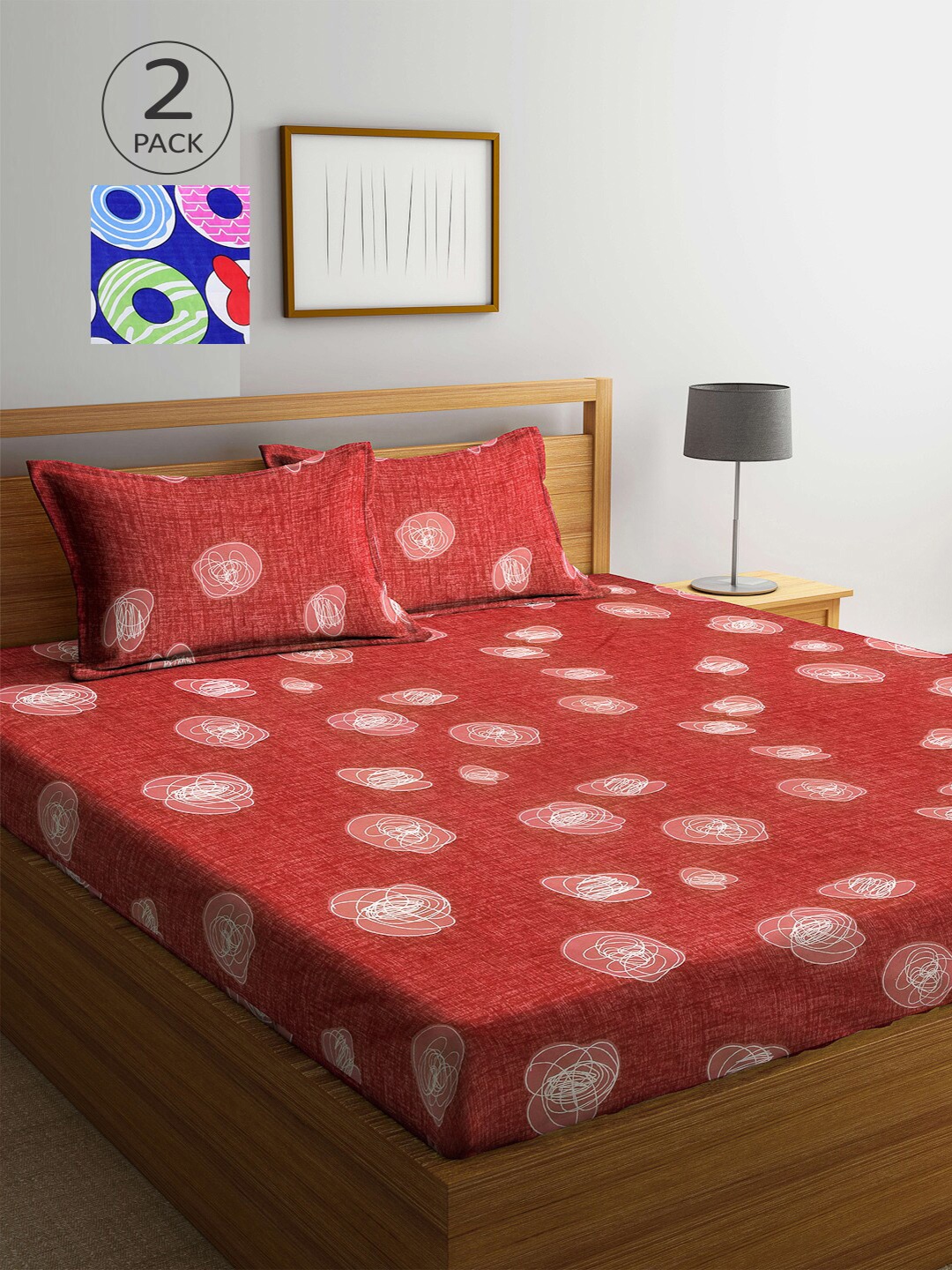 

Arrabi Red & Blue Graphic 300 TC 2 King Bedsheet with 4 Pillow Covers