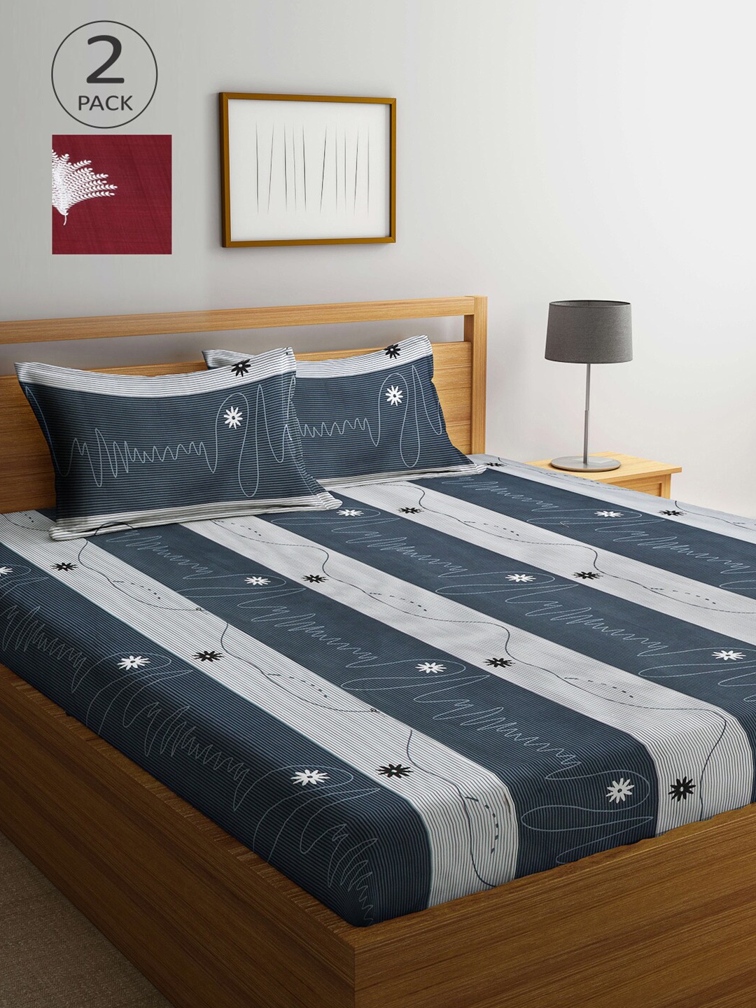 

Arrabi Maroon & Grey Striped 300 TC 2 King Bedsheet with 4 Pillow Covers