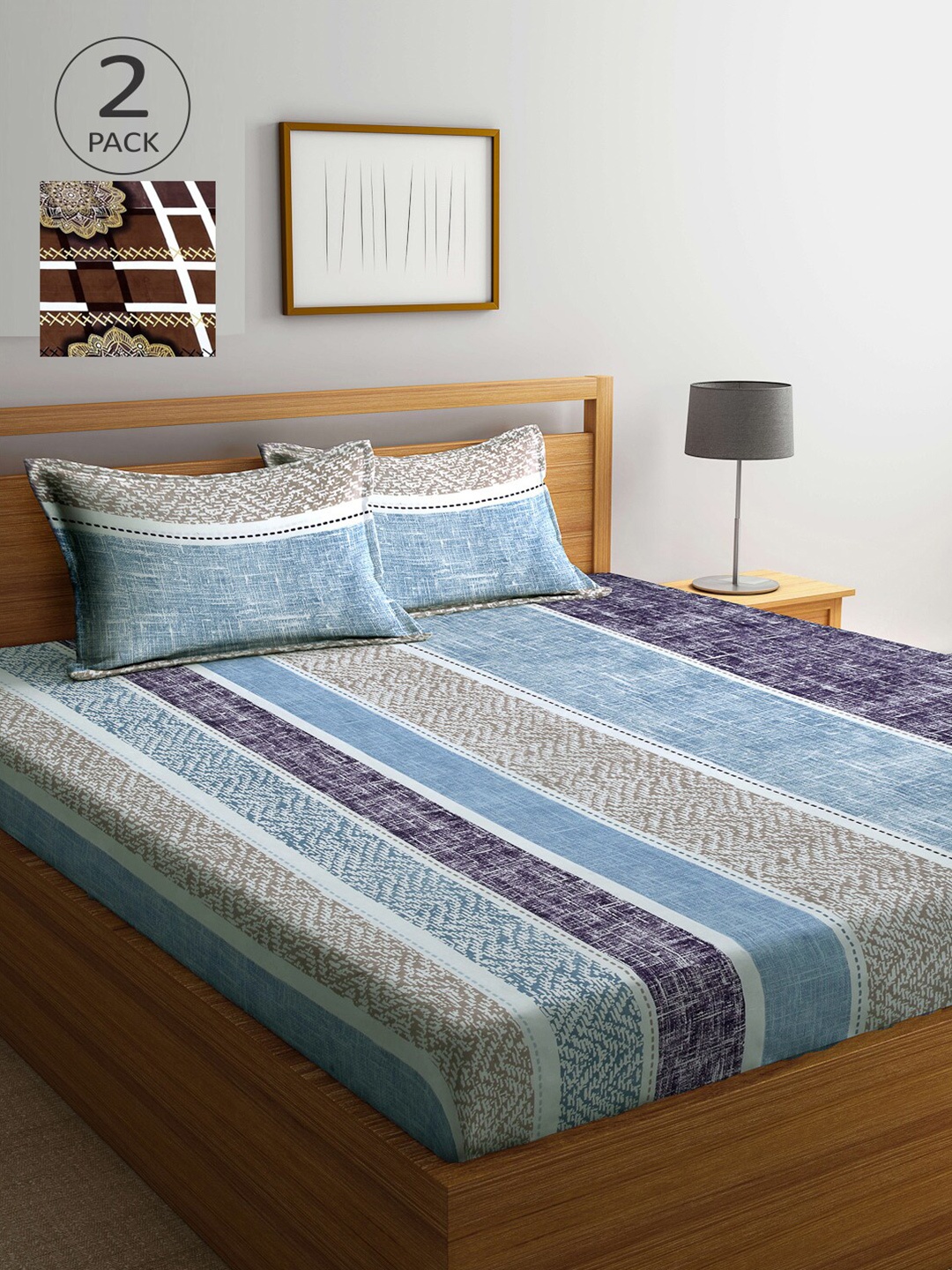 

Arrabi Set of 2 Striped 300 TC 2 King Bedsheet with 4 Pillow Covers, Blue