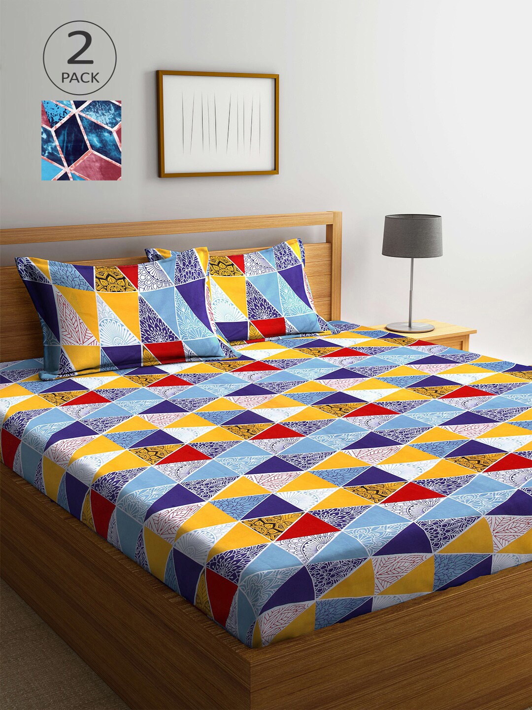 

Arrabi Pack Of 2 Red & Brown Geometric 300 TC 2 King Bedsheet with 4 Pillow Covers