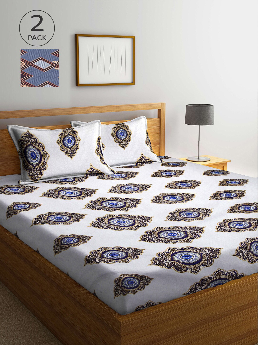 

Arrabi Set Of 2 Blue & White Ethnic Motifs 300 TC King Bedsheets With 4 Pillow Covers